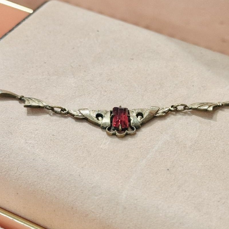 Rare! Antique 1920-40s Czechoslovakian Art Deco Red Rhinestone Golden Necklace (C010)
