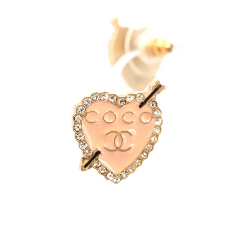 Chanel Coco Mark Enamel Rhinestone Heart Piercing Earrings