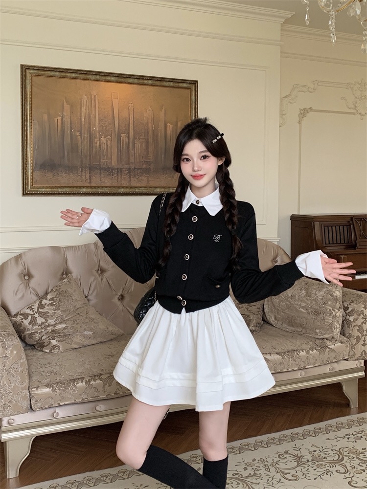 B186(19015) 韩系高级感学院风拼接白翻领与袖边黑上衣与白A字短裙套装