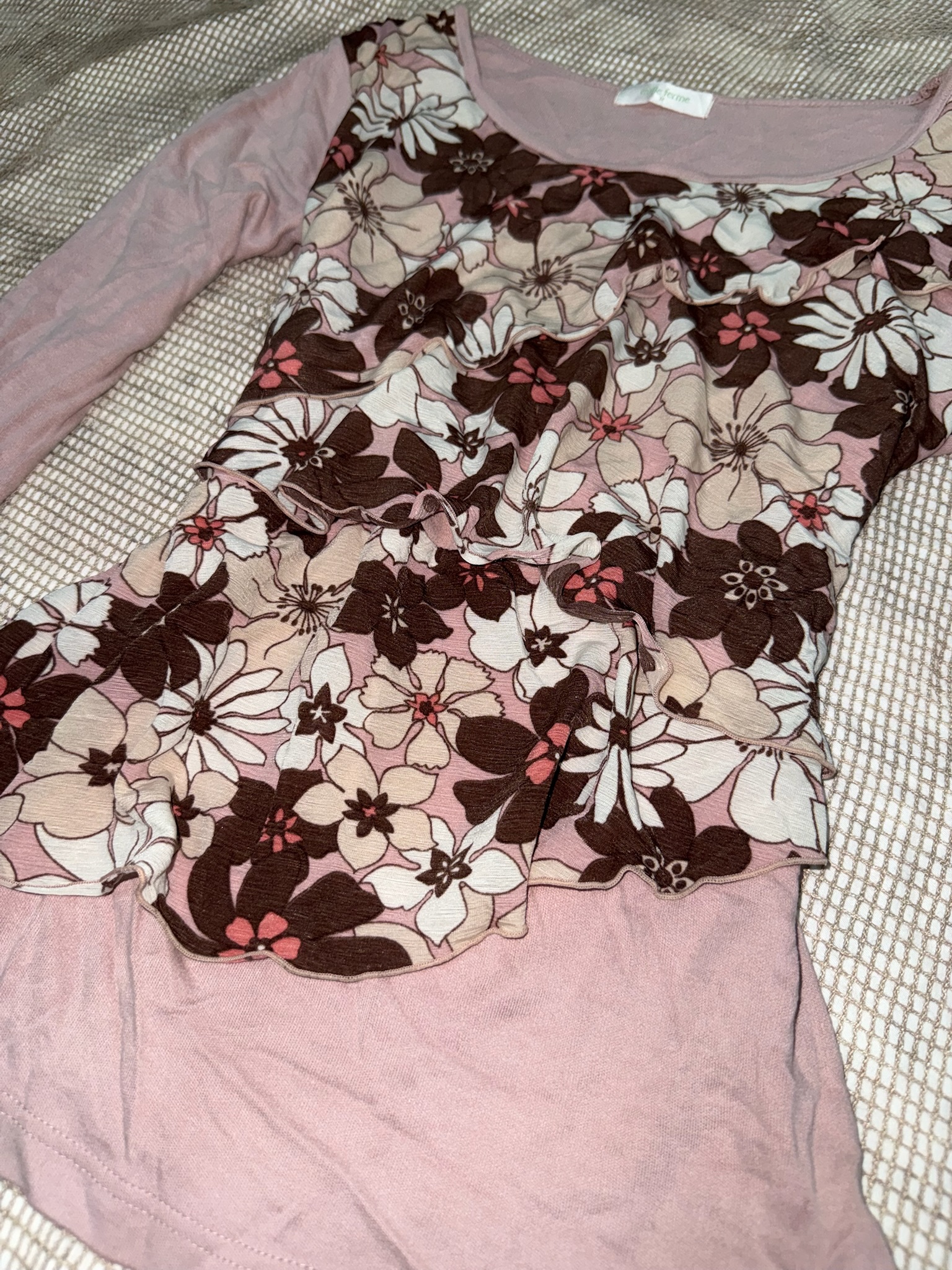 Mauve Floral Patchwork Ruffled Long-Sleeve Top