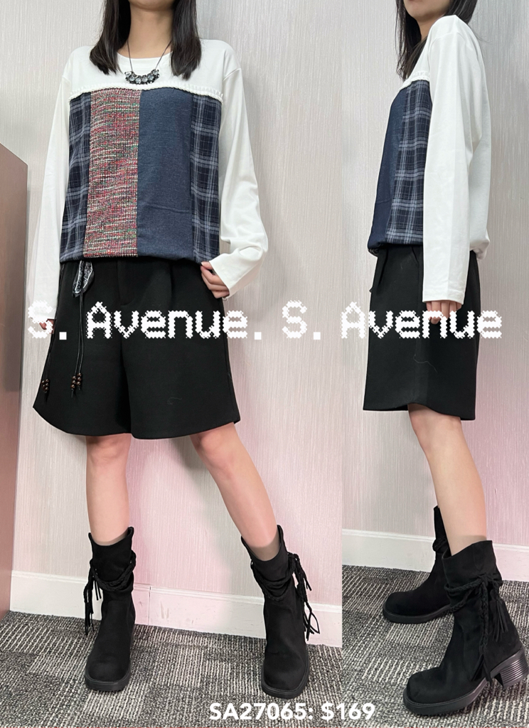 SA27065: 長袖拼格仔拼牛仔布top