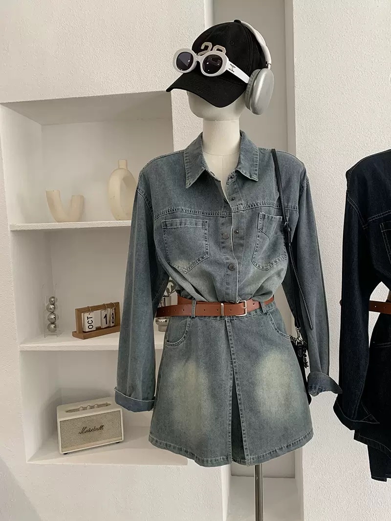 韩版宽松中长款牛仔衬衫+屁帘两件套装