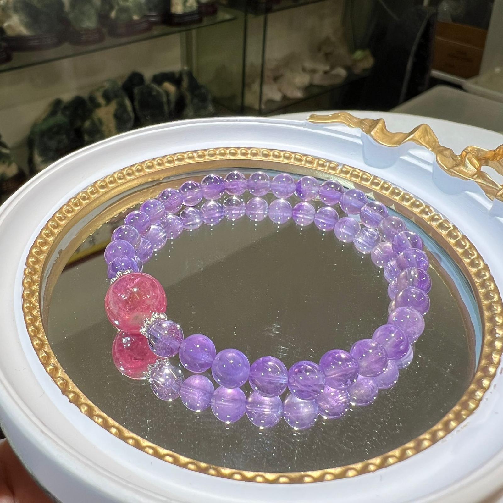 紫晶配粉鋰雲母手串 #CA0056