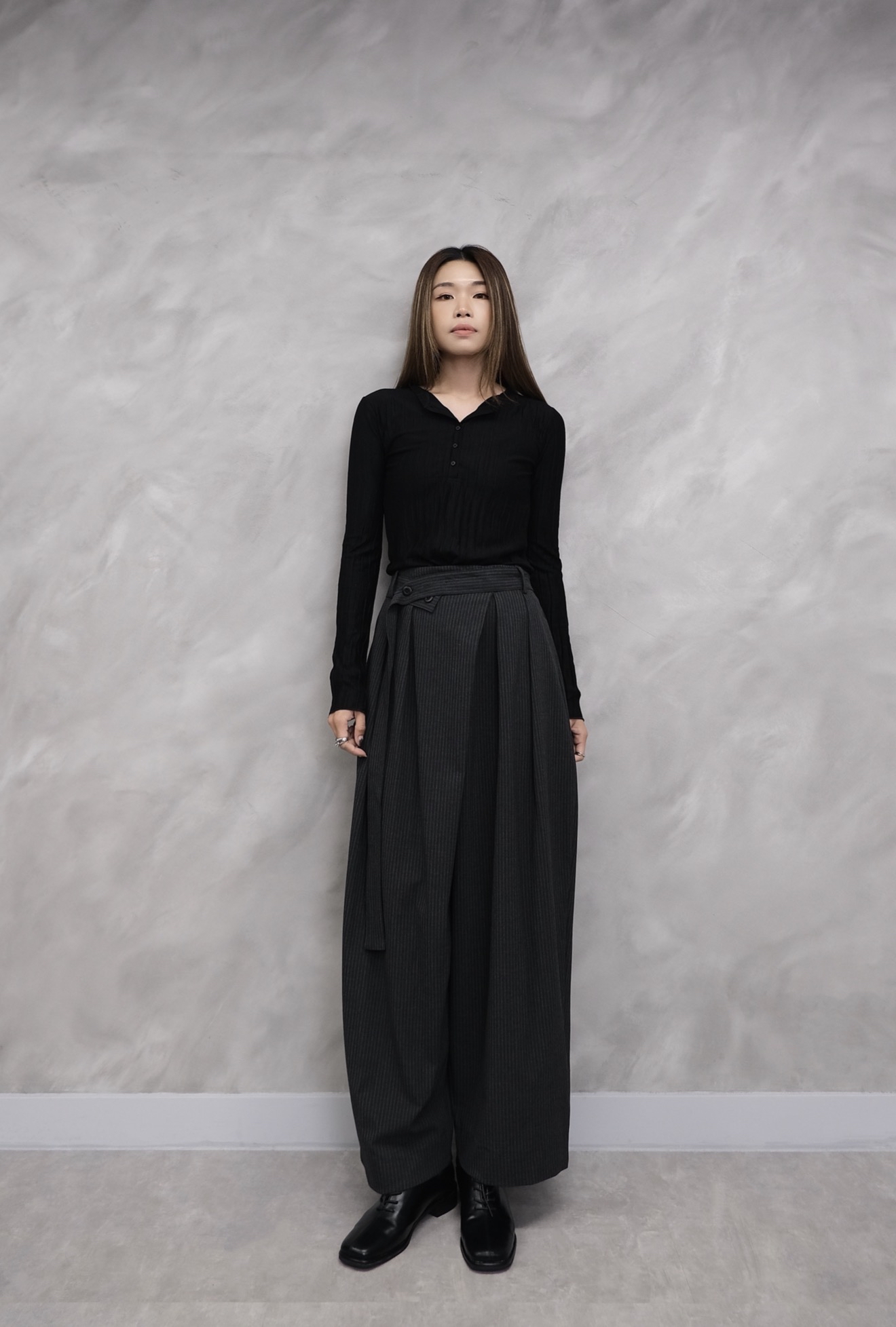 Pinstripe Volume Cross-Waist Trousers #pt82