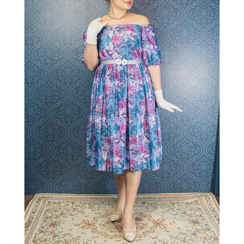 Remade - Made in USA Tropical Violet and Blue Floral Off-shoulder Day Dress (MU104-13)