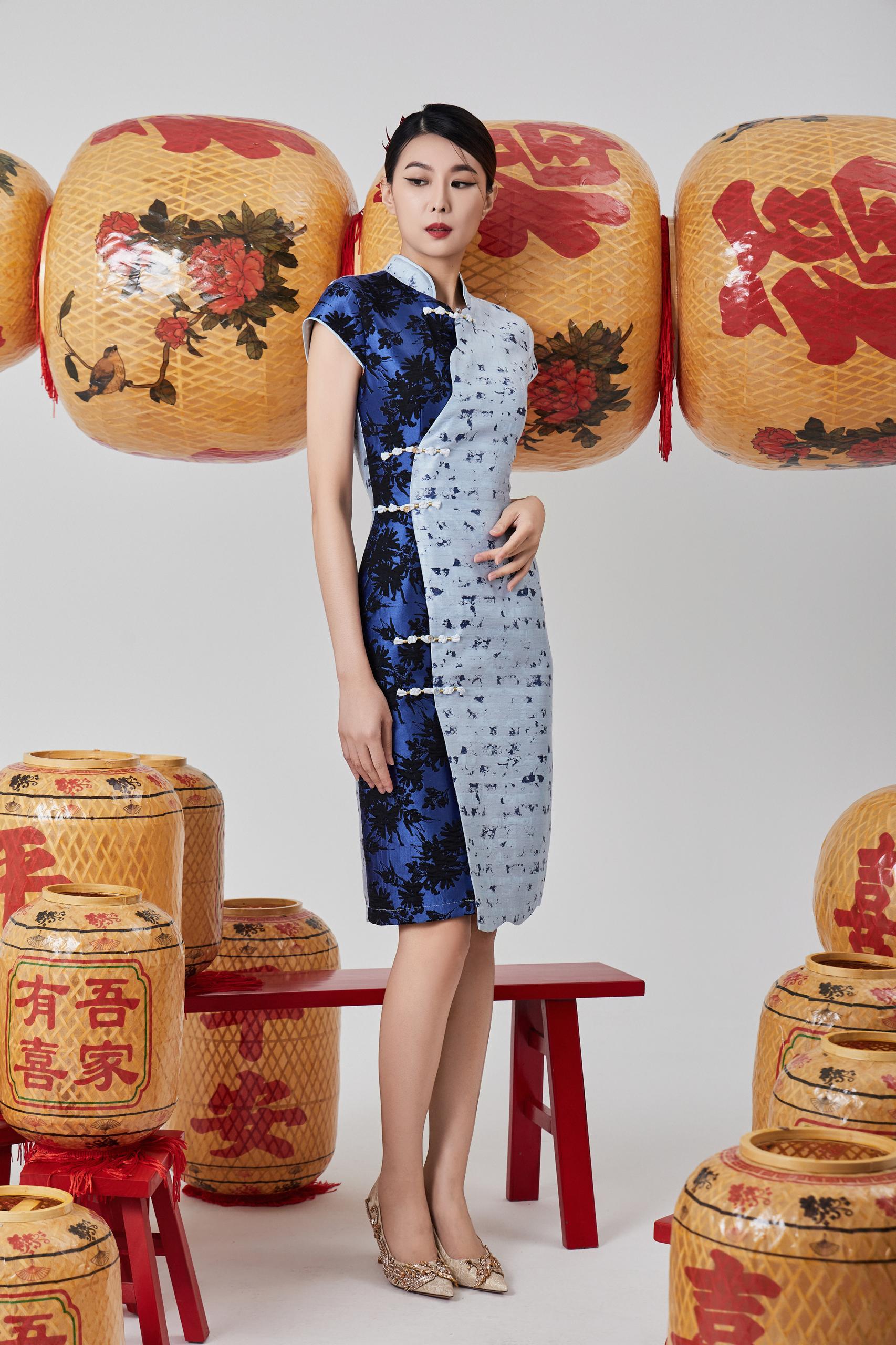 双色旗袍连身裙 粉色/蓝色2126