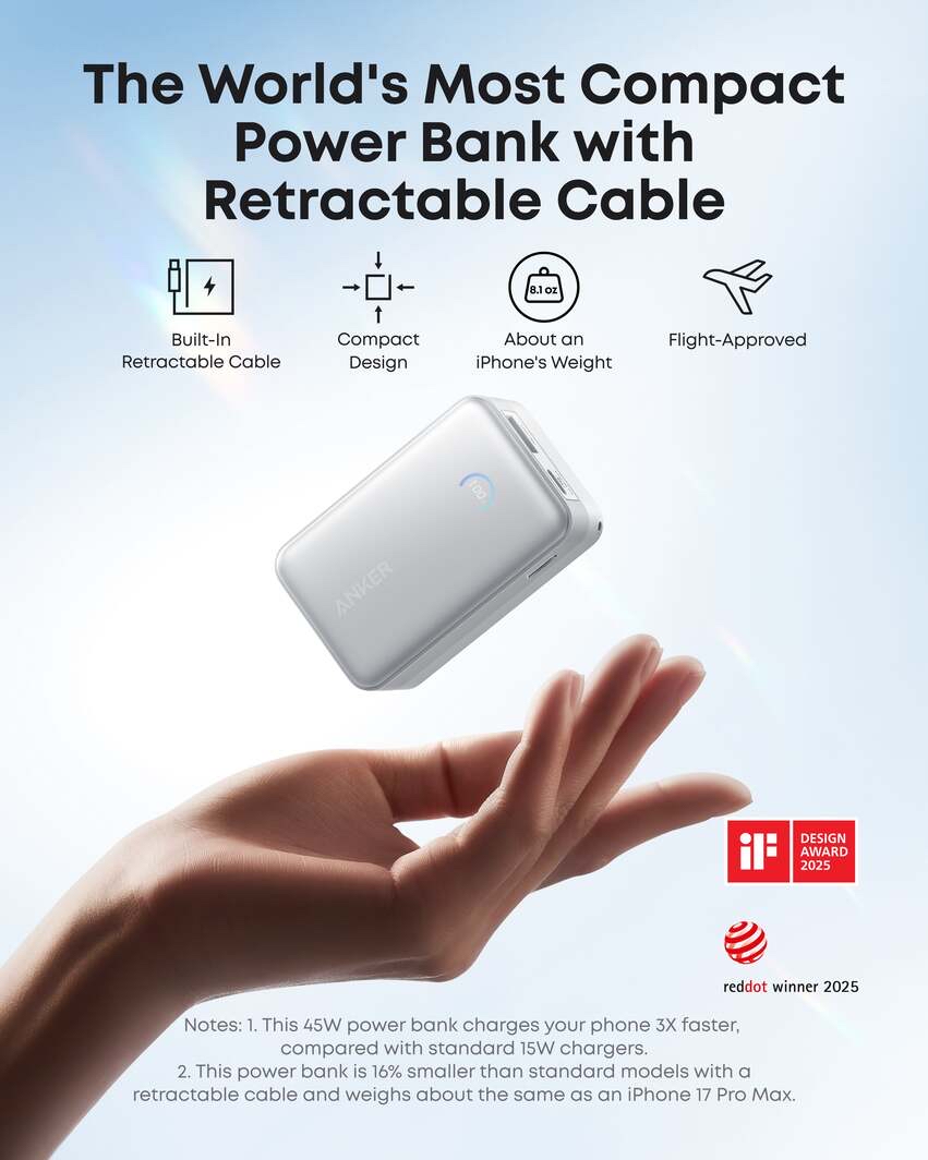 ANKER NANO POWER BANK (10K, 45W, BUILT-IN RETRACTABLE USB-C CABLE) CCC認證