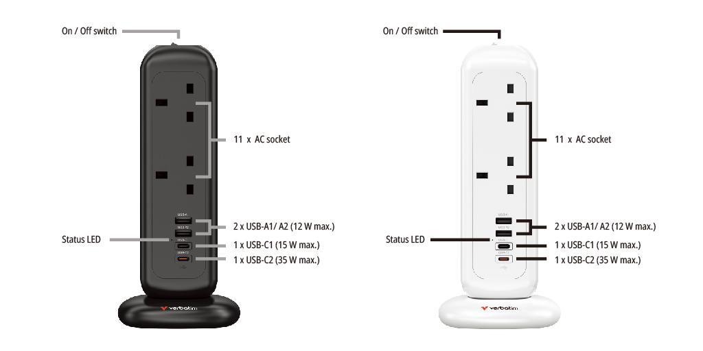 Verbatim 35W 英國插頭電源塔：11個交流電插座、4個USB端口，適用於家庭和辦公室