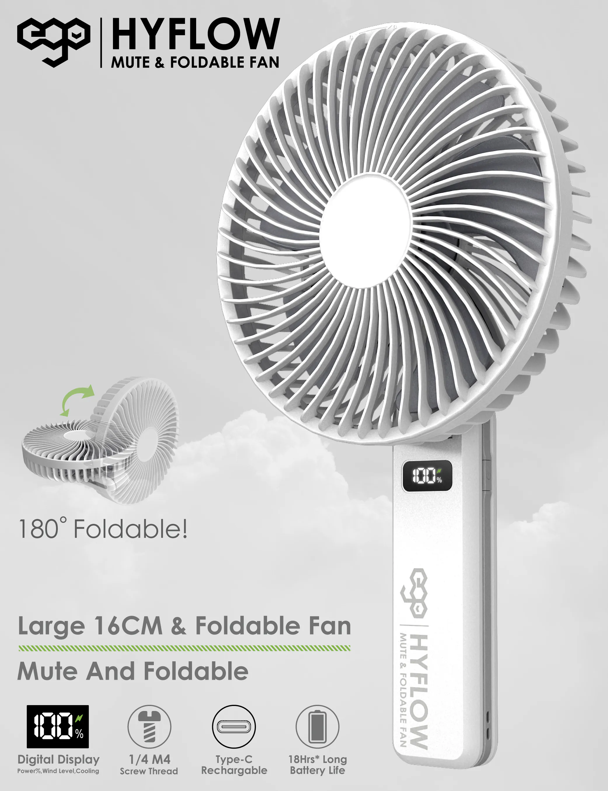 ego - HyFlow 16CM&摺疊風扇 充電式無線便攜風扇｜手提風扇 | LED顯示 | 35分貝靜音 | 180度角度調較