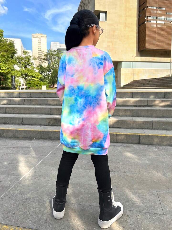 可愛卡通熊印花紮染長袖連衣裙