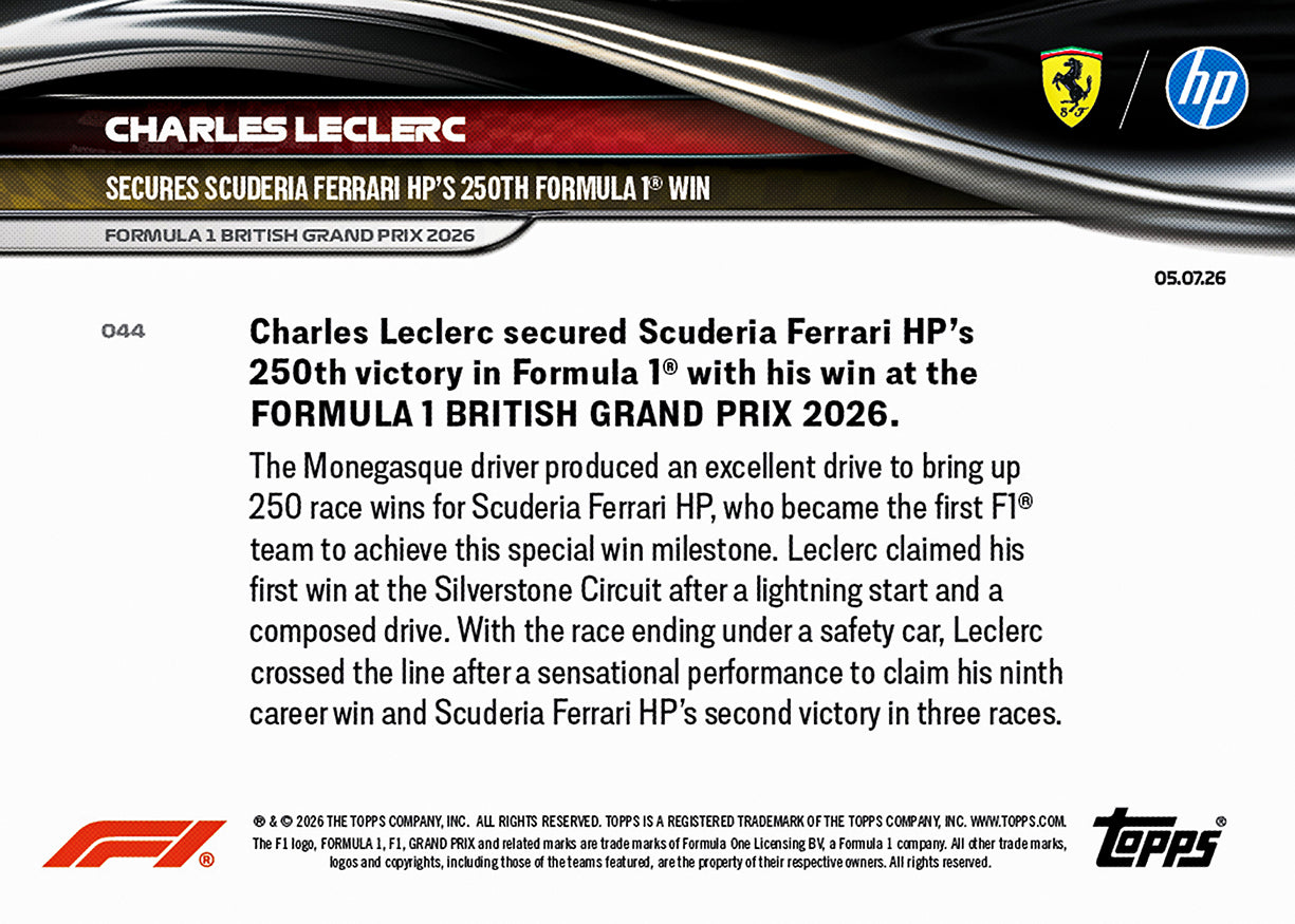 Charles Leclerc - 2026 F1 Topps NOW® #44 British GP Ferrari 250勝紀念卡【現貨】