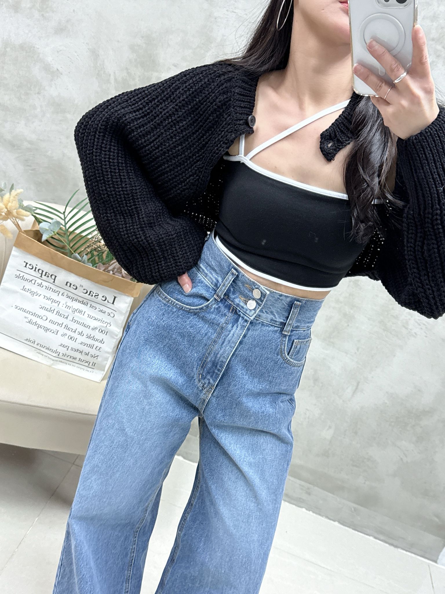 雙鈕高腰牛仔褲