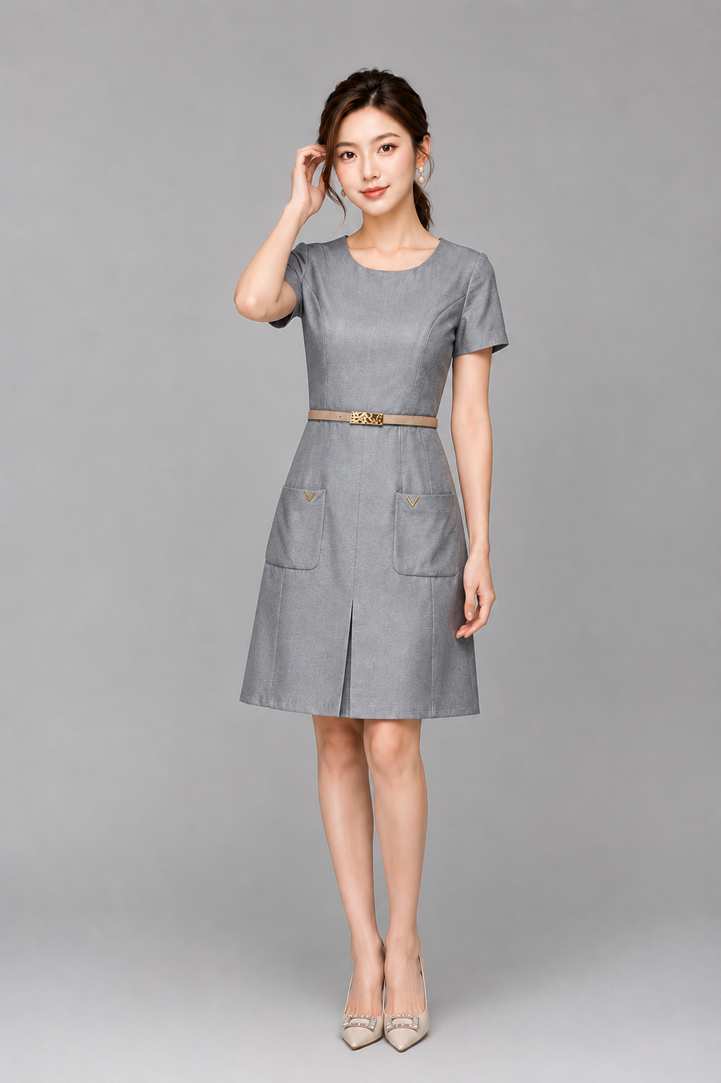 52175 Belted Pocket A-Line Midi Dress