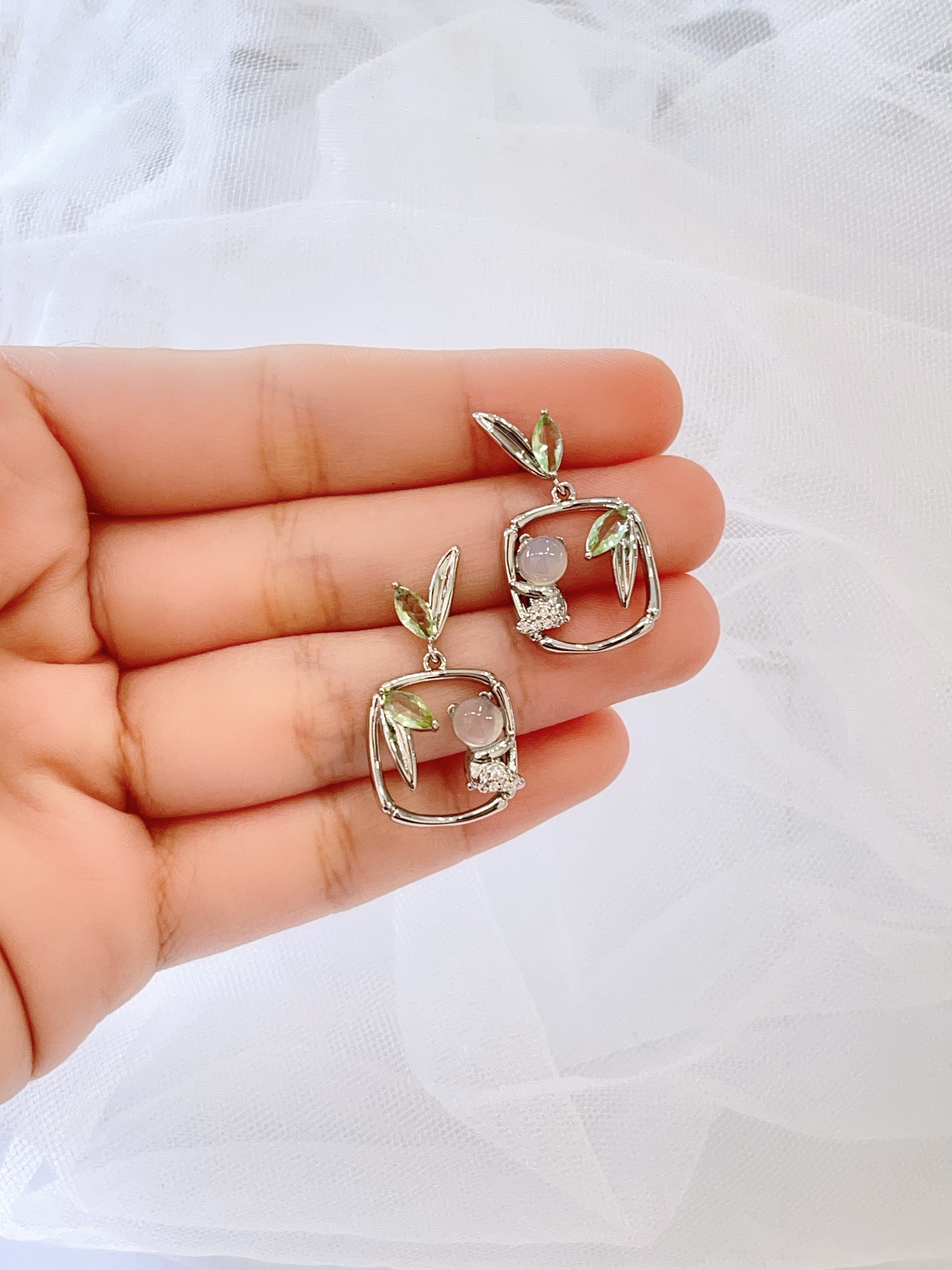 新中式绿色系竹叶方形耳环