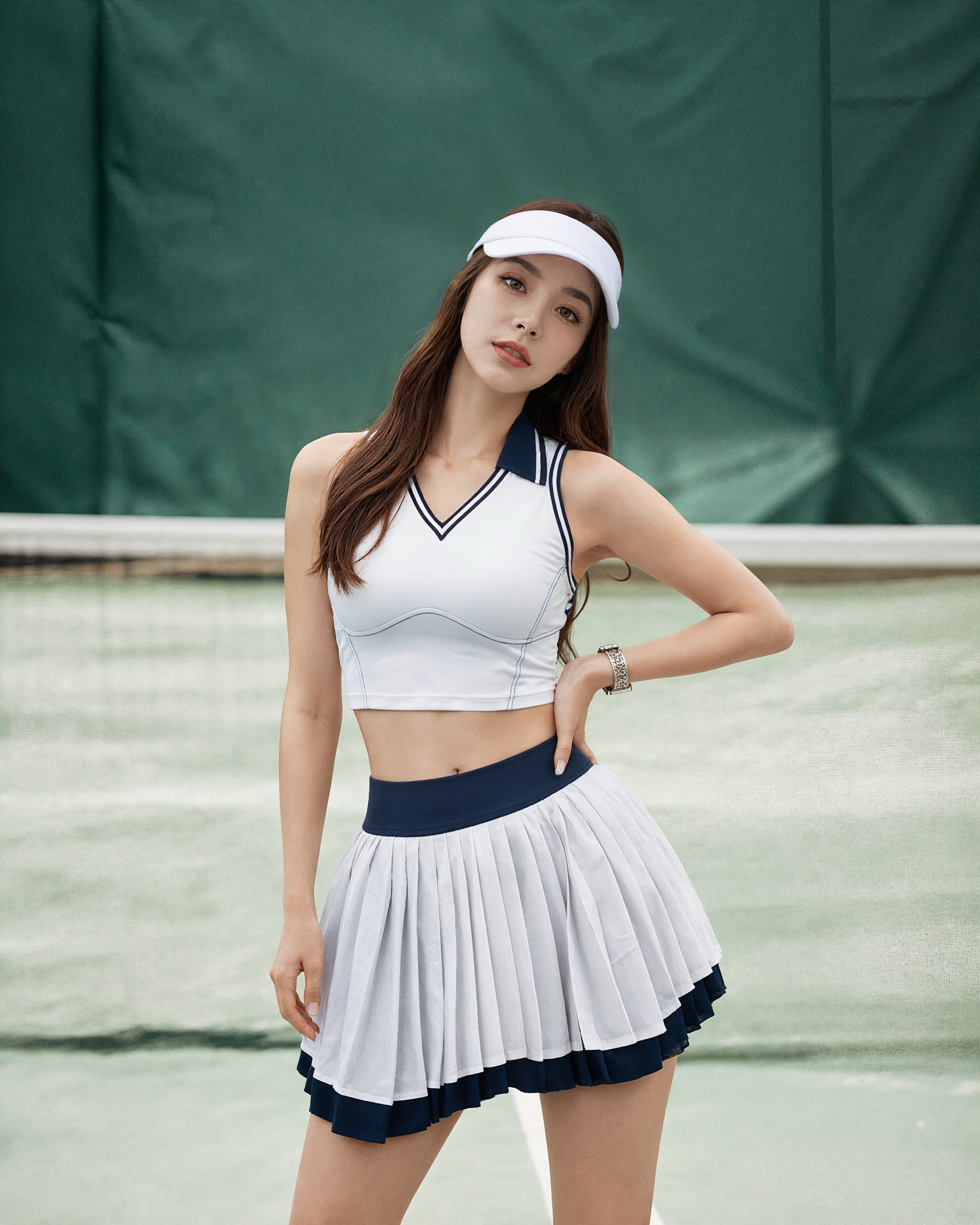 Polo領運動背心撞色雙層網球裙套裝