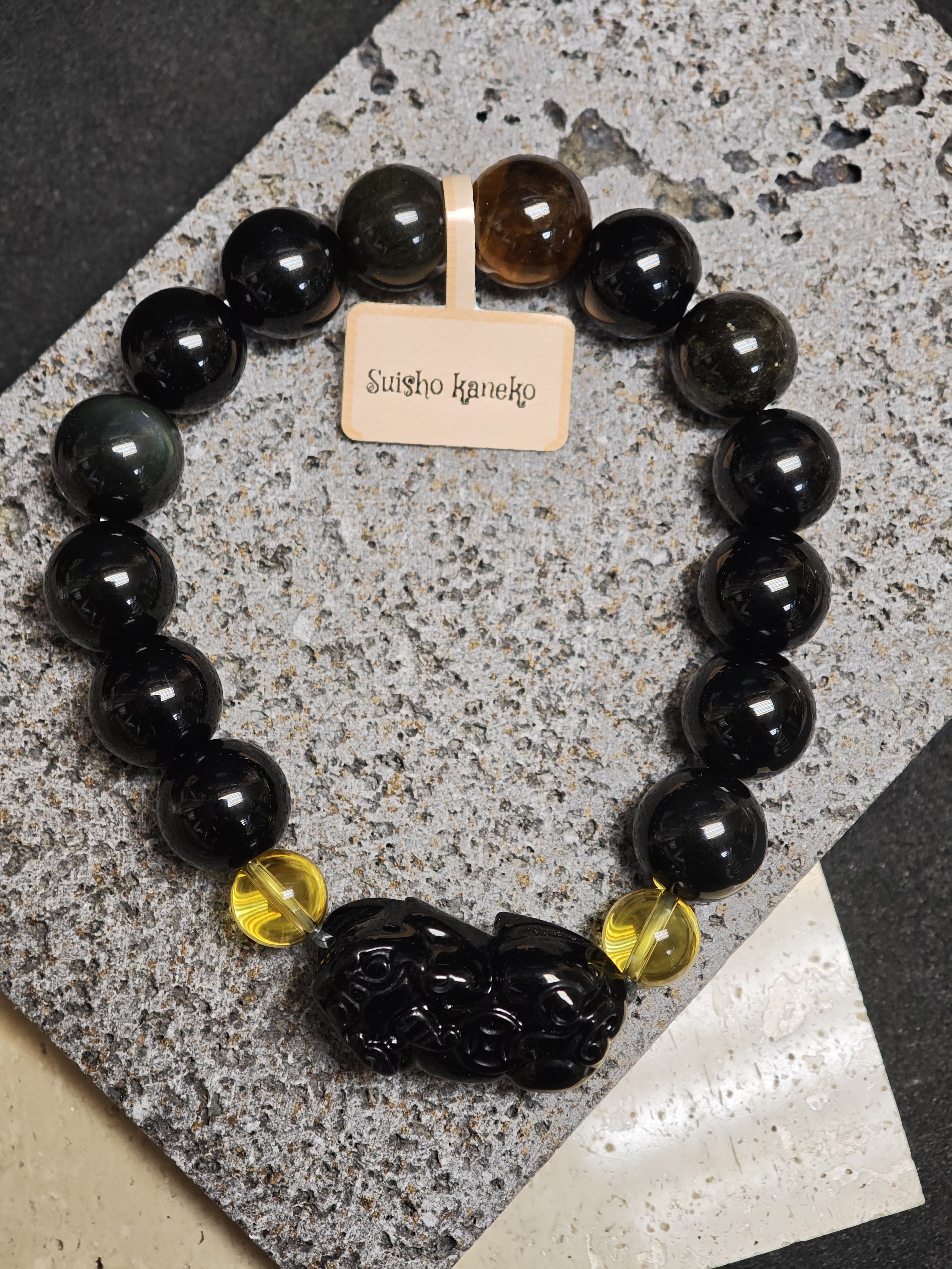 ✨新品DIY水晶手串✨✨♠️黑曜石貔貅✨黃水晶✨🟡黃虎眼石✨⚫黑曜石