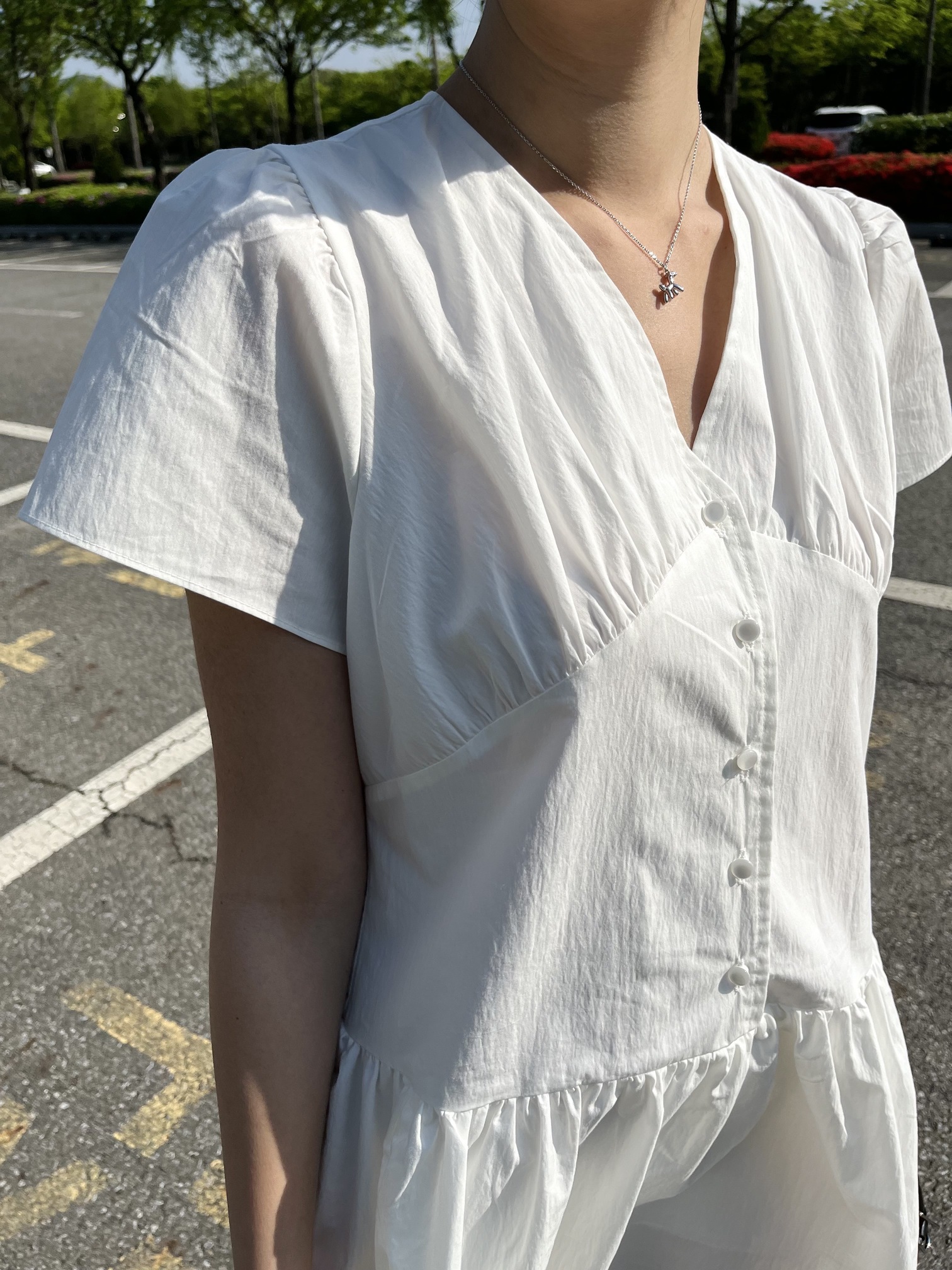 Airy Button Front Long Dress (White)