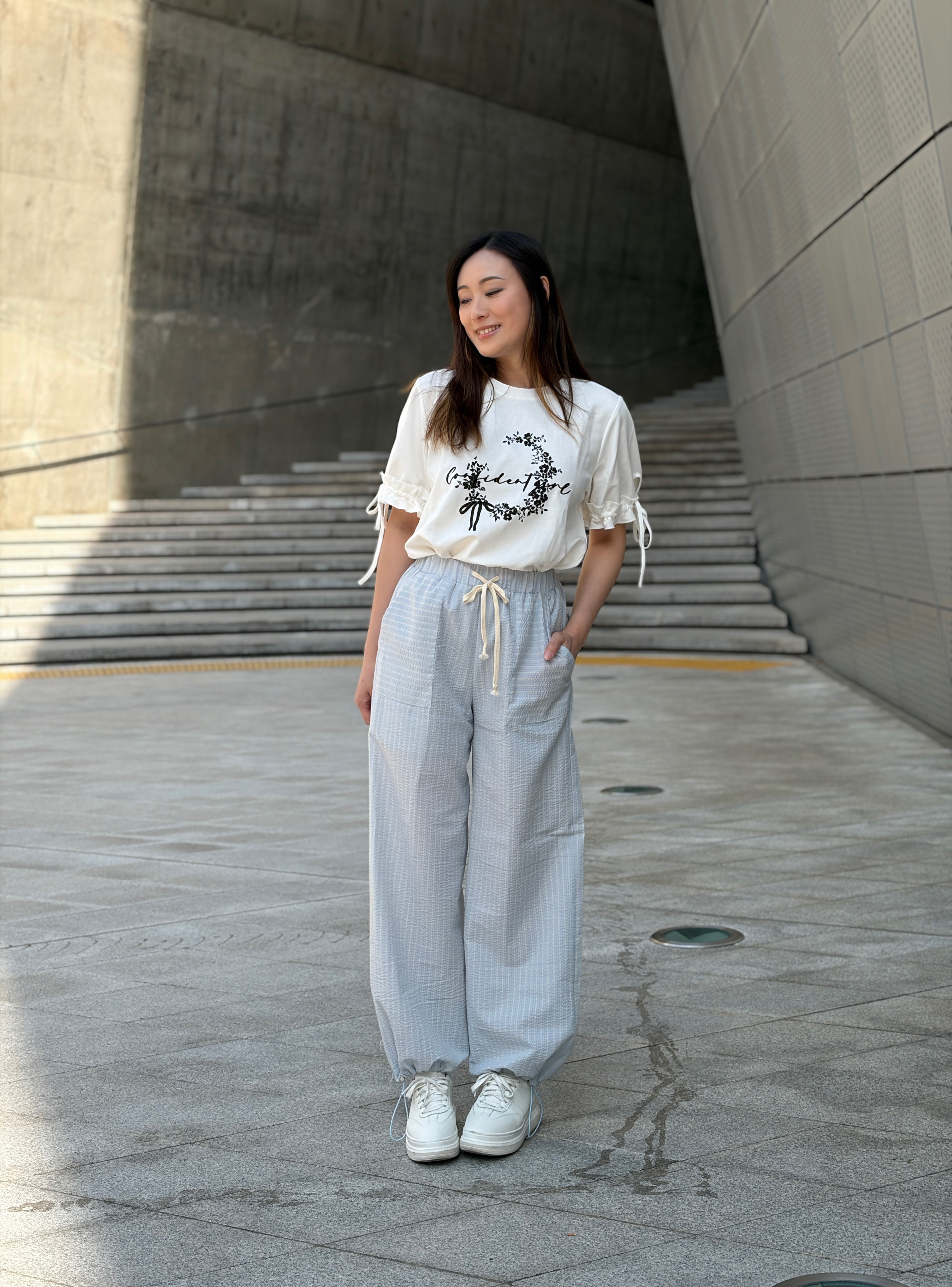 泡泡紗條子紋束腳褲