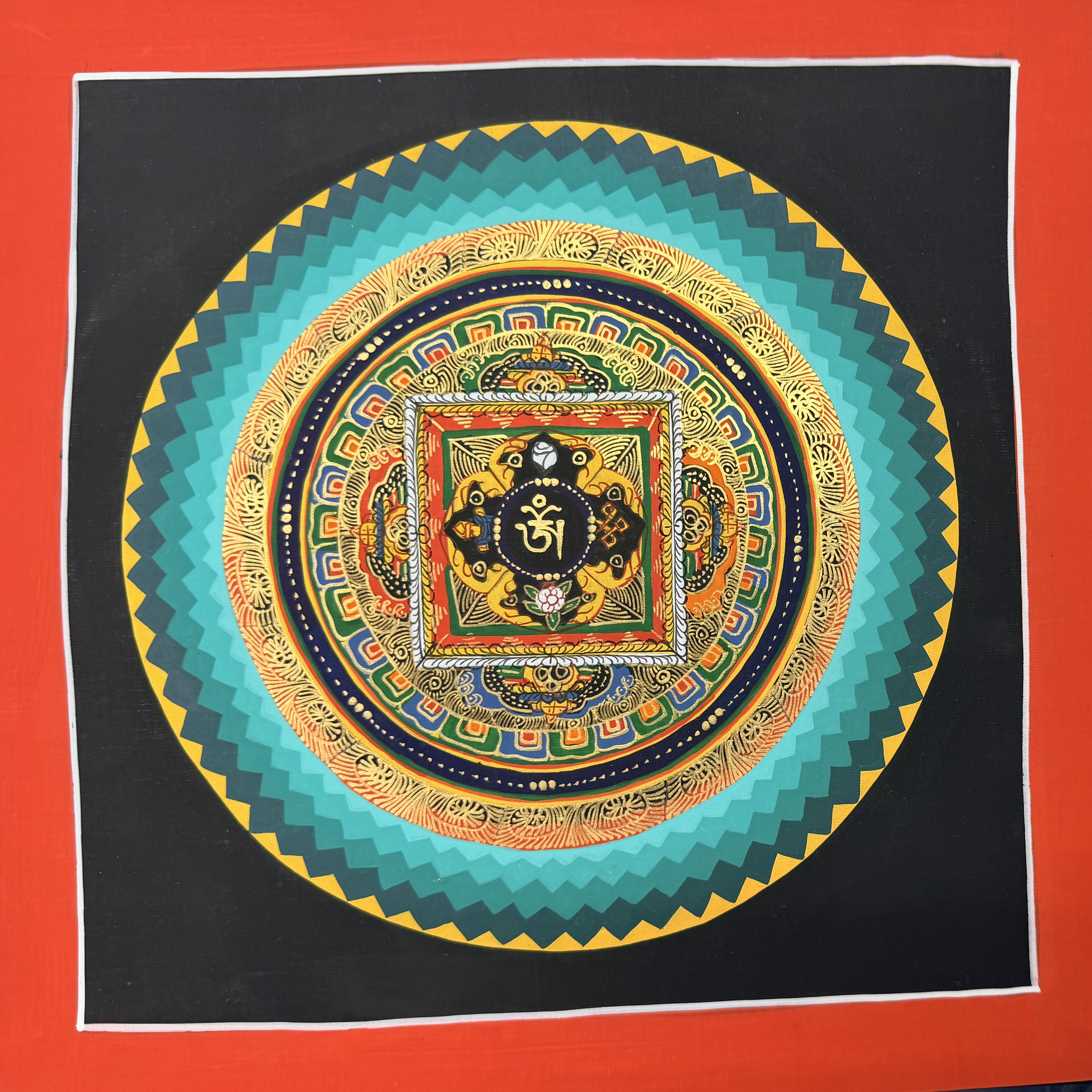 #22 尼泊爾三大廟加持手繪唐卡～OM 字，六字大明咒唐卡 ，約33m 外，內27.5