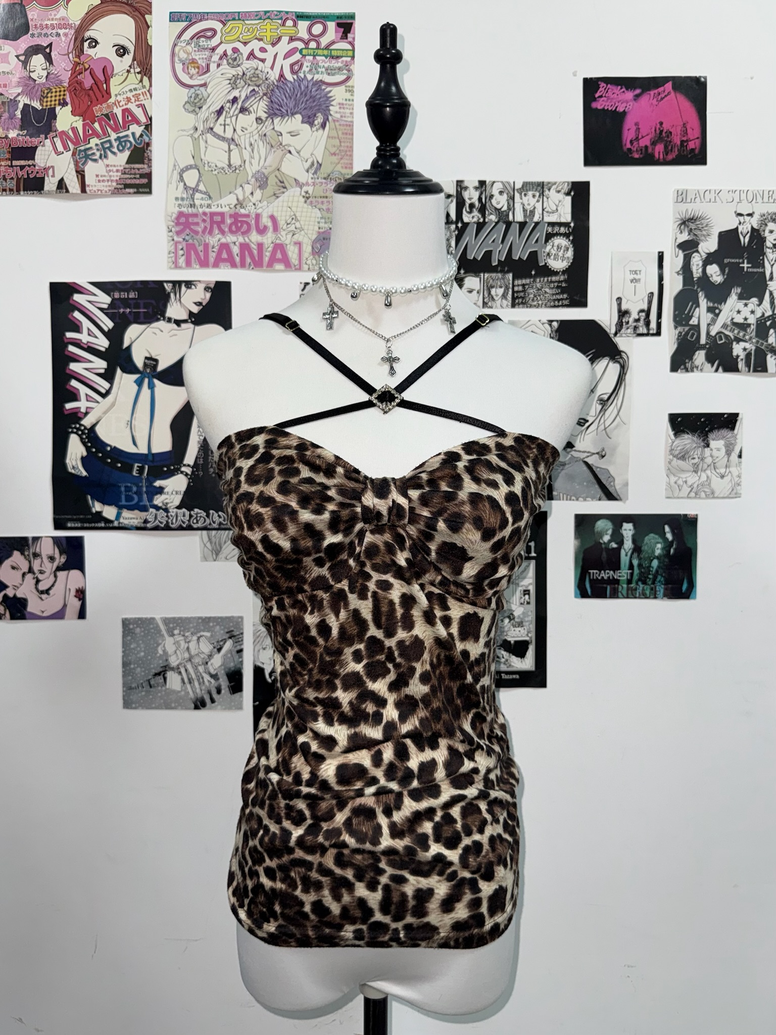 Rhinestone Detail Ruched Bustier Leopard Top
