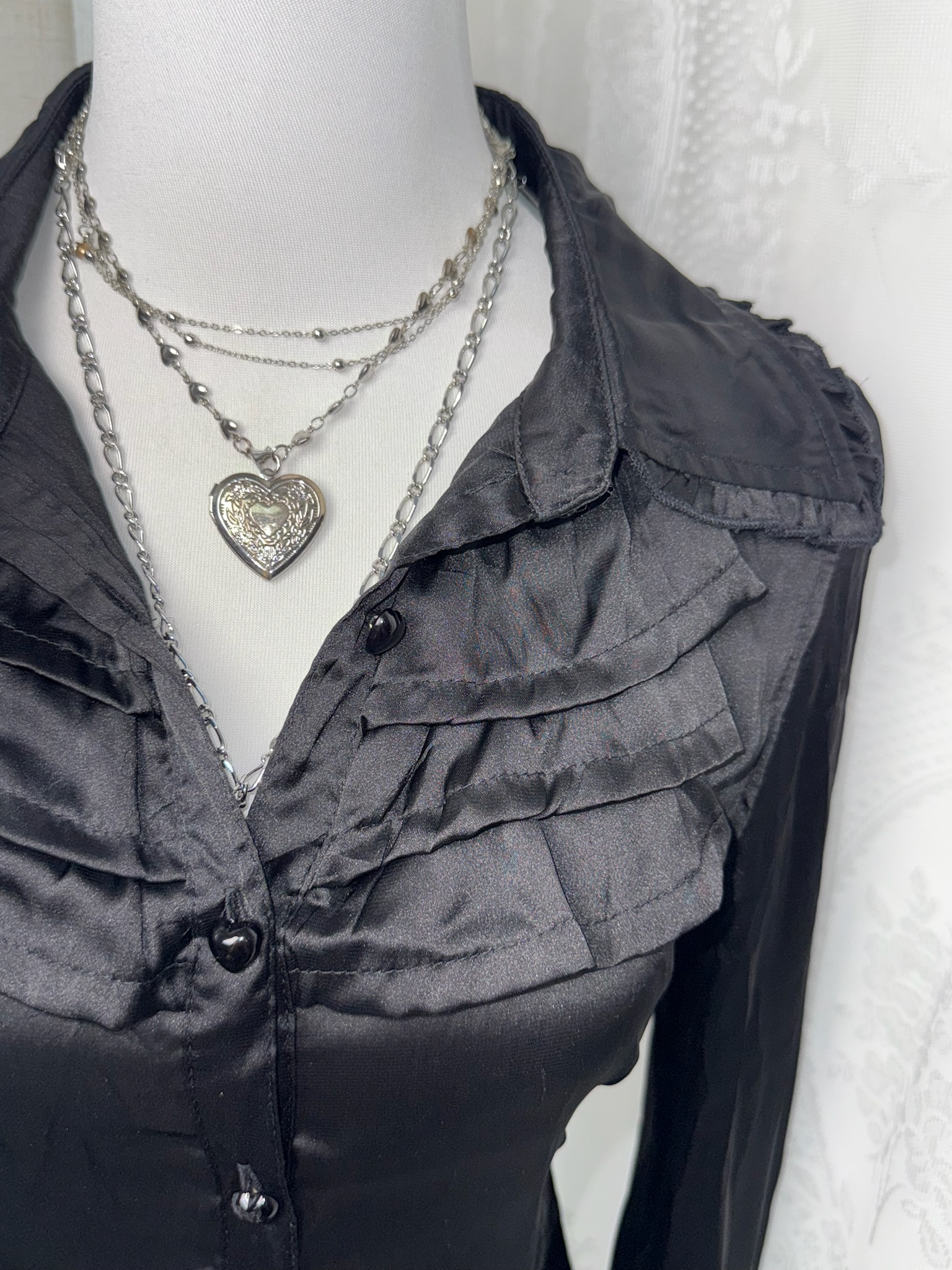 Vampire Style Tiered Ruffle Satin Button-Up Shirt