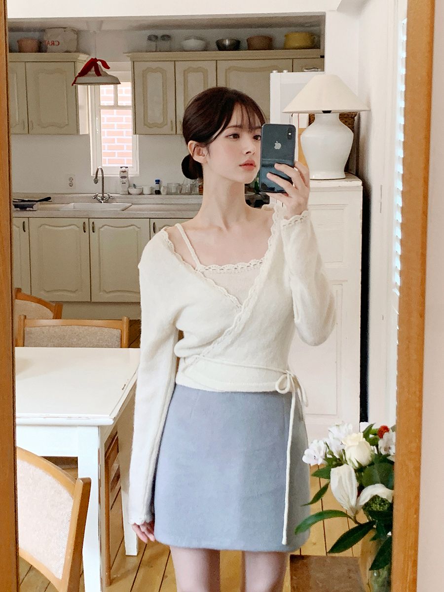 【20%羊毛】針織吊帶綁腰套裝 米白色