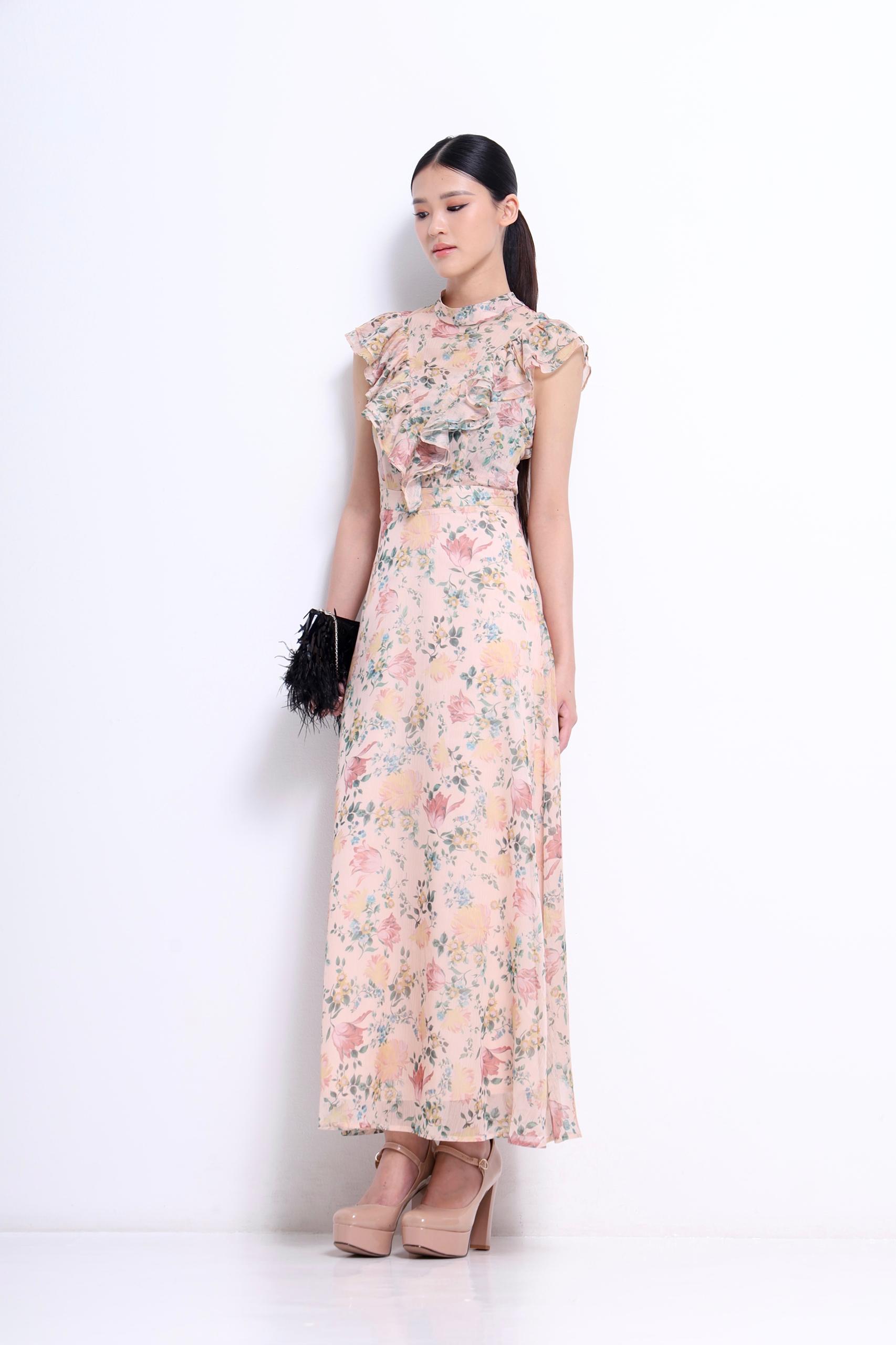 CD2148 RUFFLE STAND COLLAR MAXI DRESS