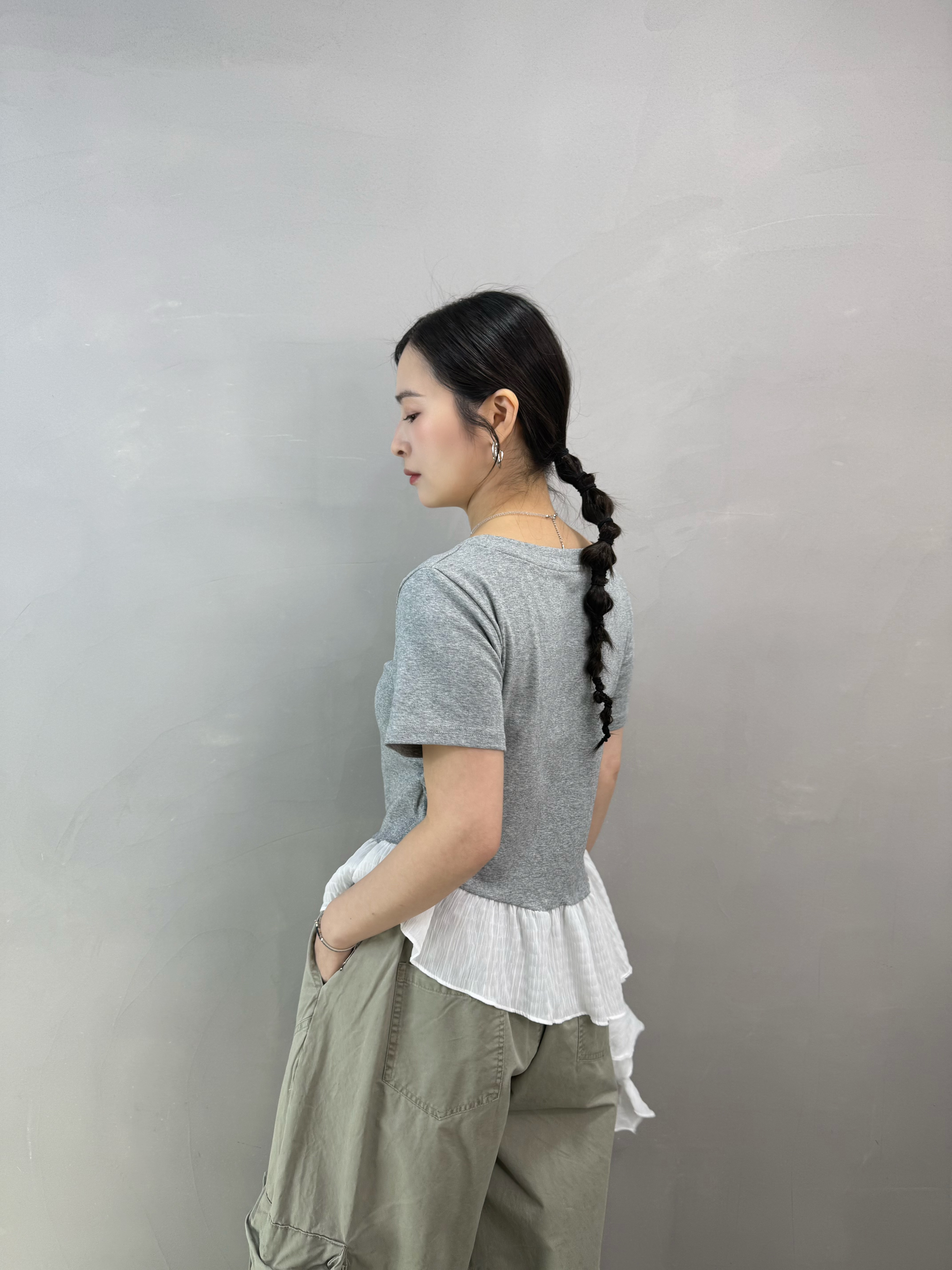S76 棉質拼斜腳ruffle top