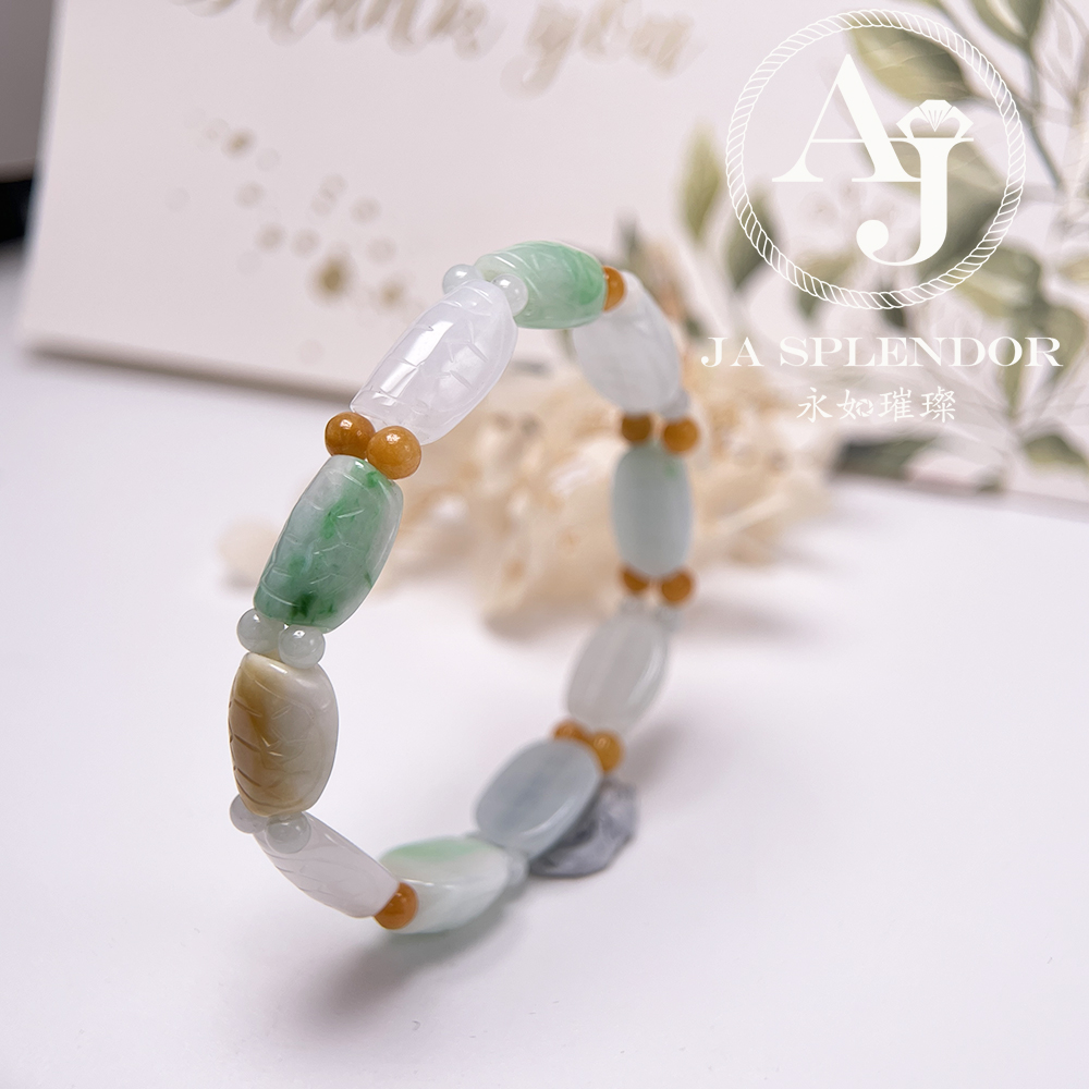 OF-06-C 天然翡翠A玉 - 冰潤三彩長壽吉祥龜貝手串