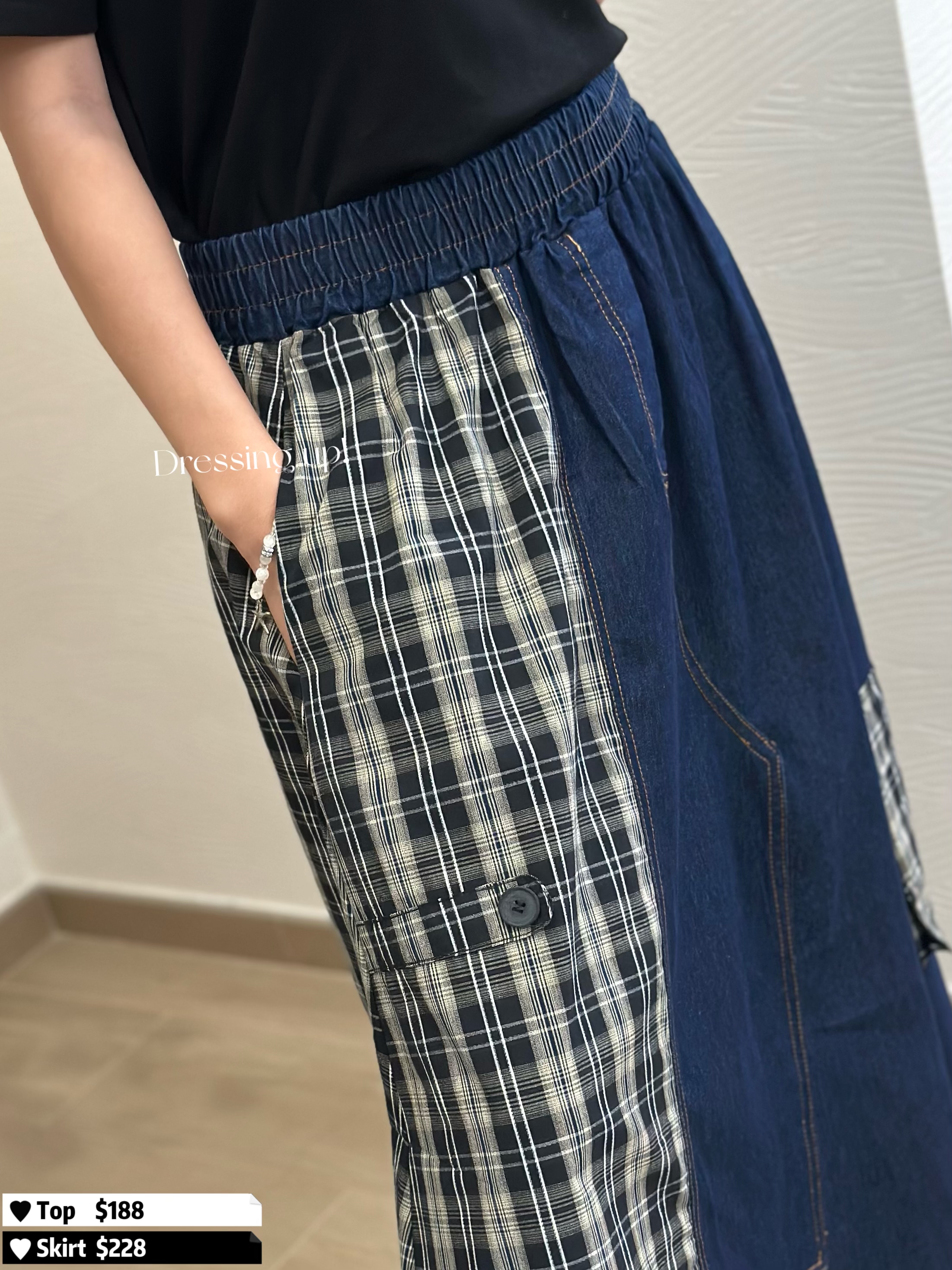  雙重手工｜格紋牛仔裙