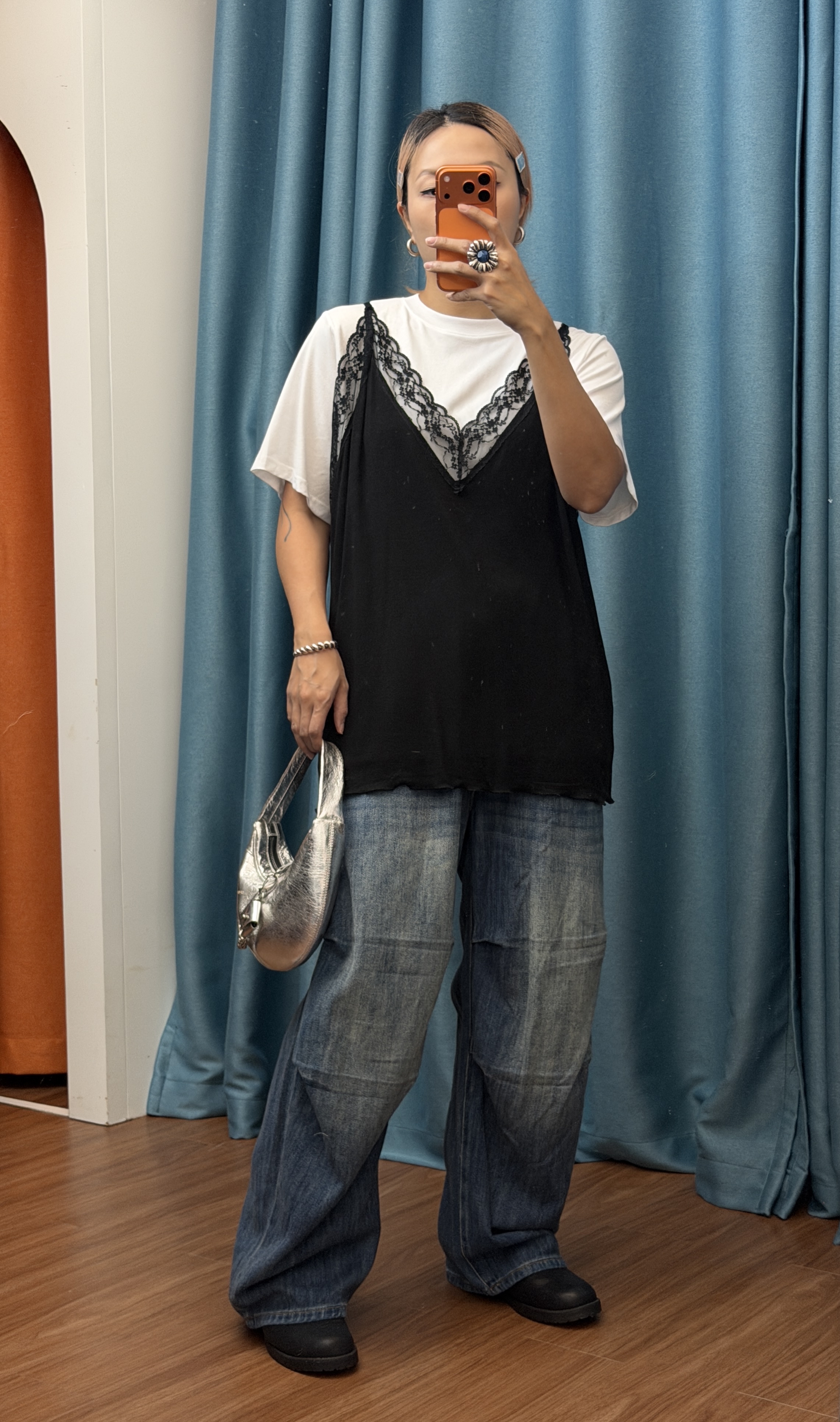 黑色蕾絲拼接細肩帶背心套裝