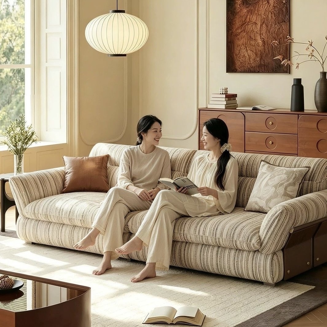 中復古新款雲畔梳化 客廳大小細單位 直排條紋雪尼爾布藝梳化 sofa