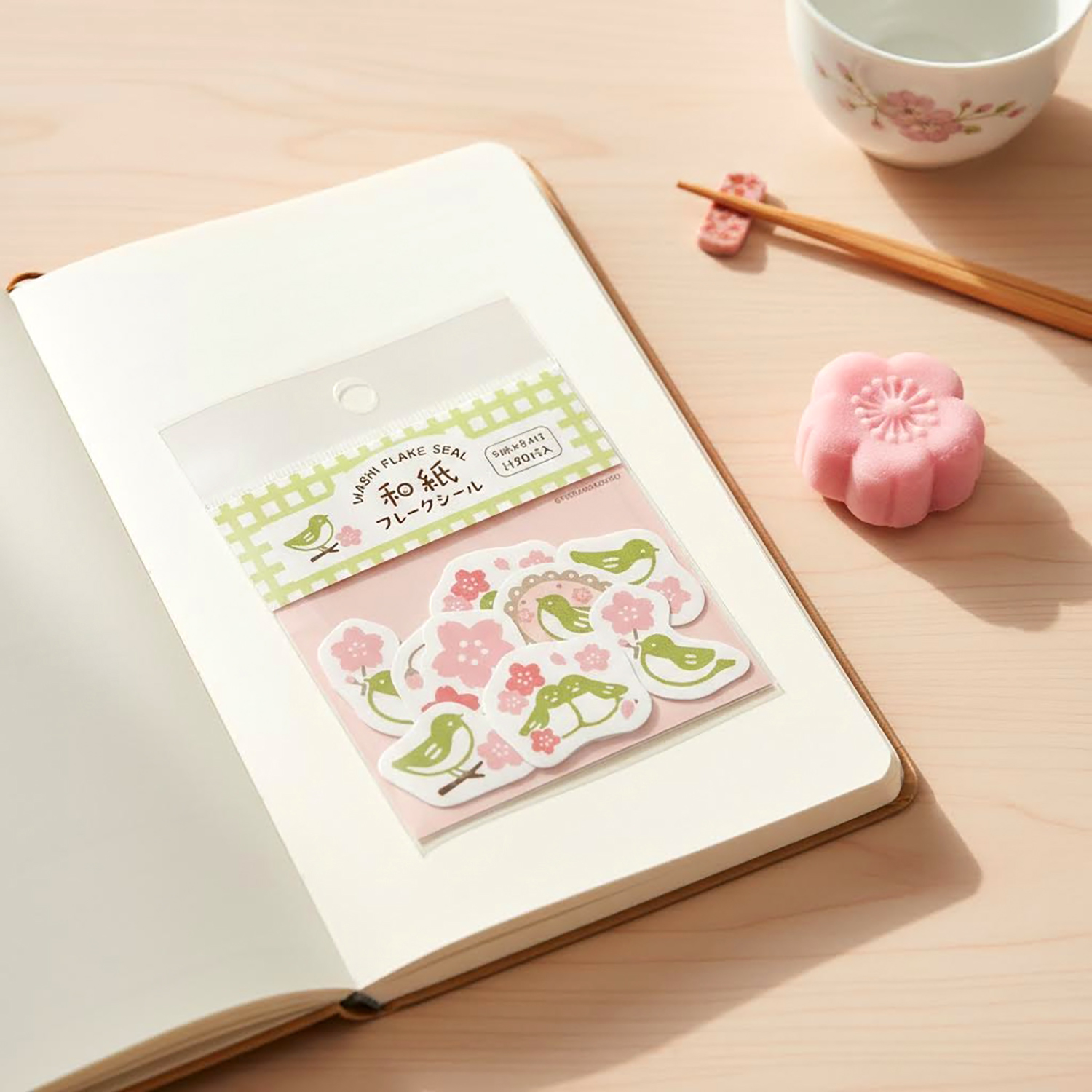 古川紙工 - 和紙貼紙包 (淺綠色文鳥櫻花款)
