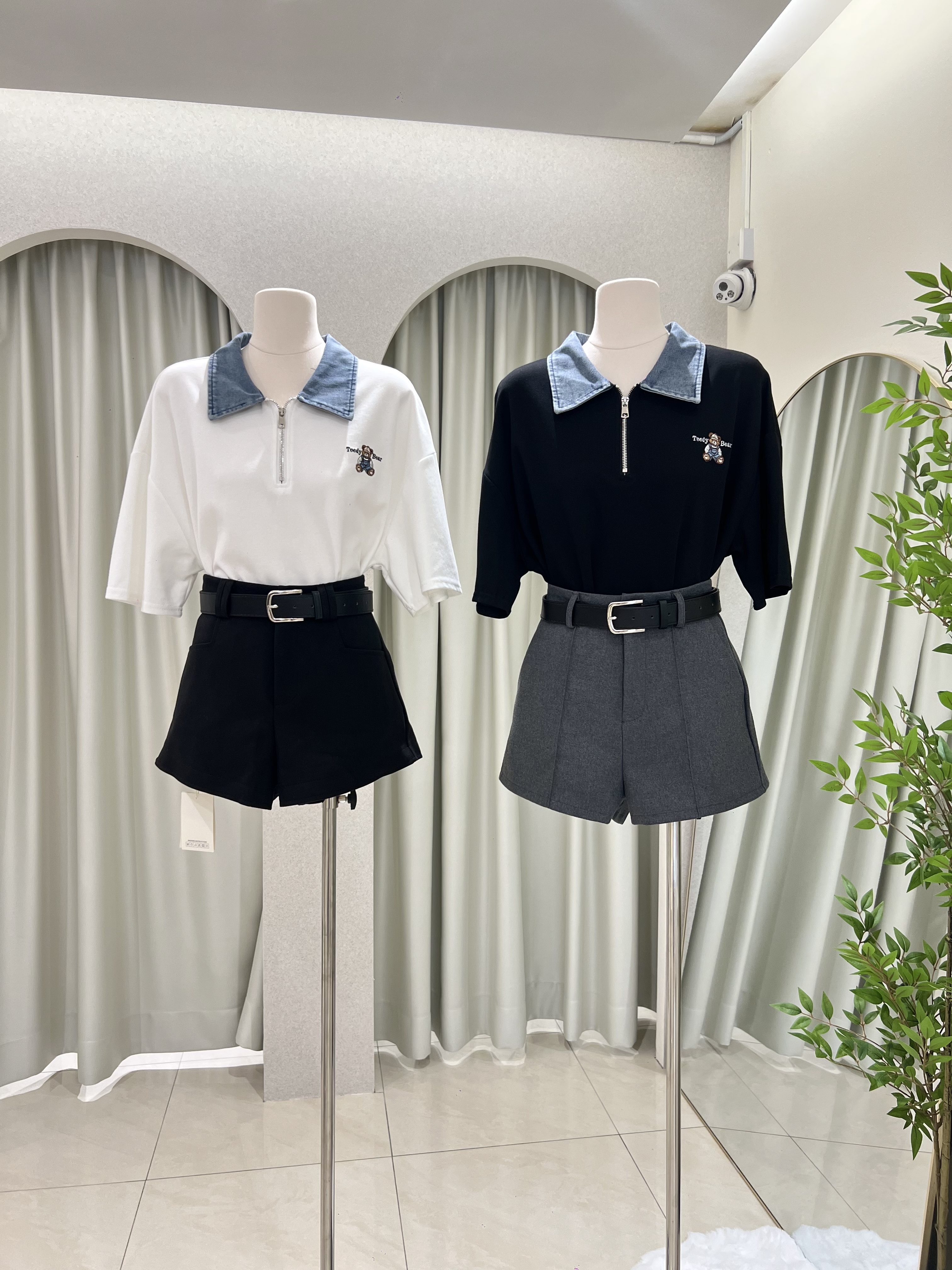 6585 学院风小熊牛仔拼接短袖