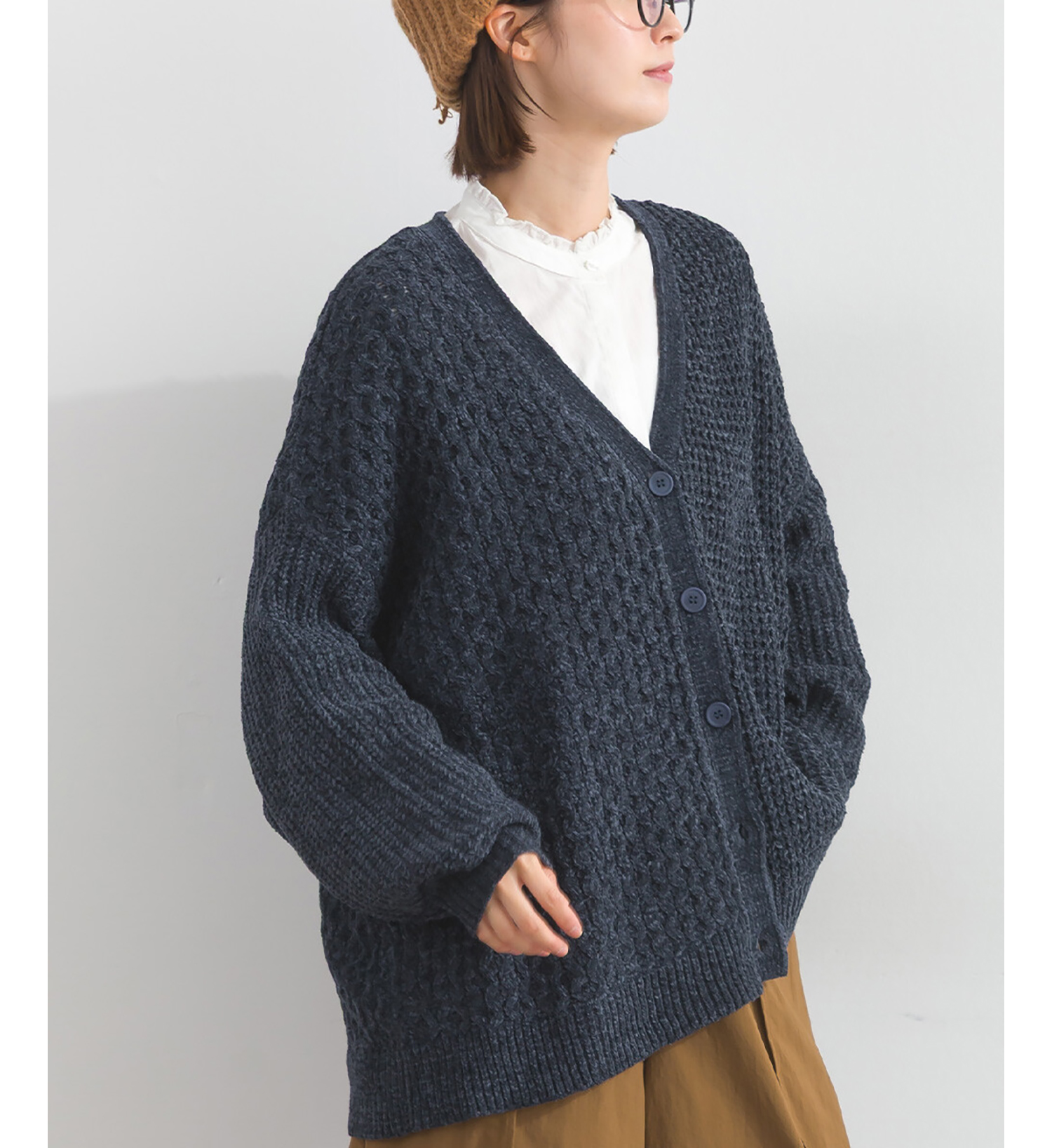 LP - 粗幼拼接冷織開襟毛衣 (深藍色)