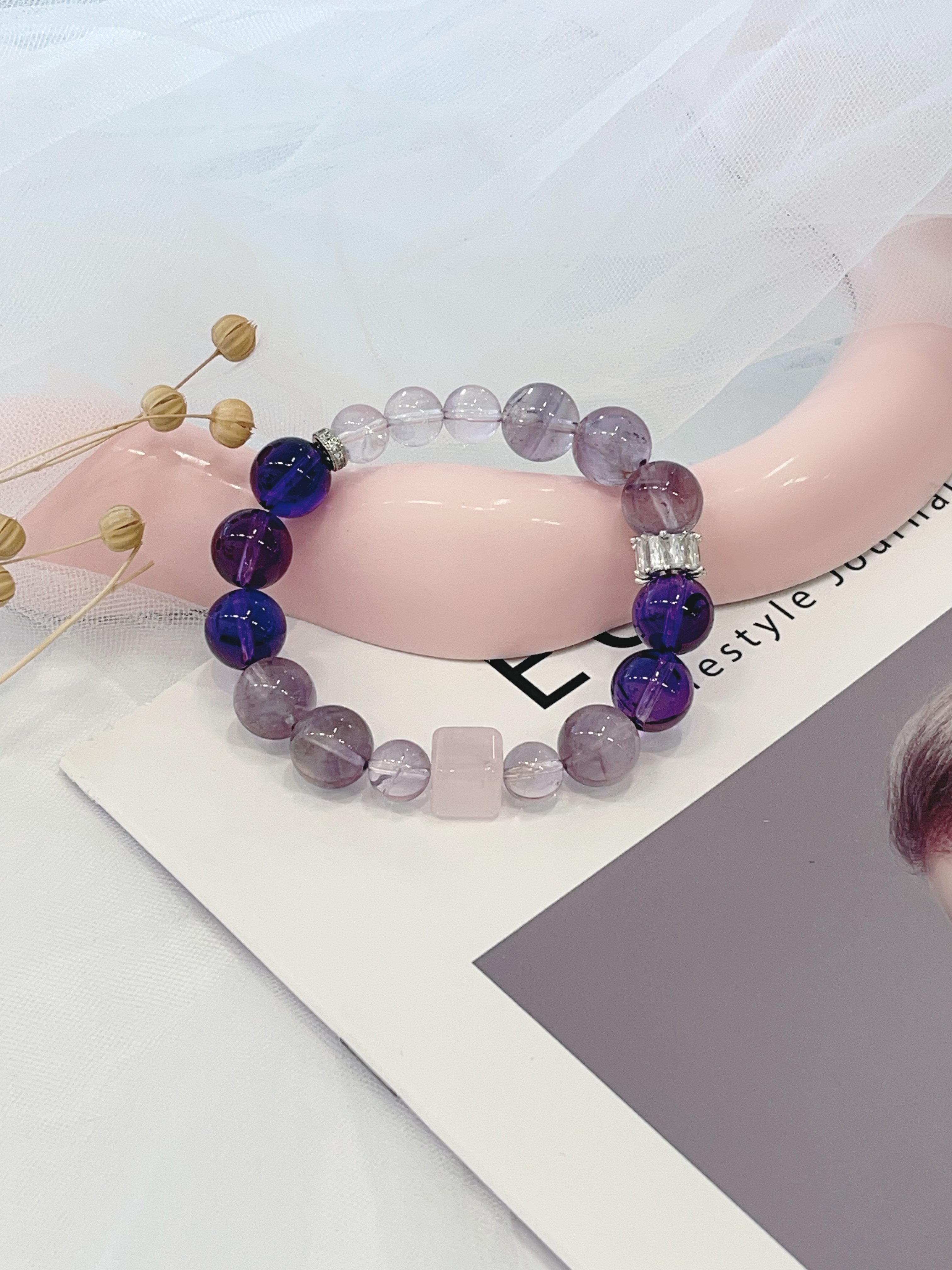 💜 渐层感 紫水晶 × 方糖粉水晶手串 Amethyst & Rose Quartz Cube