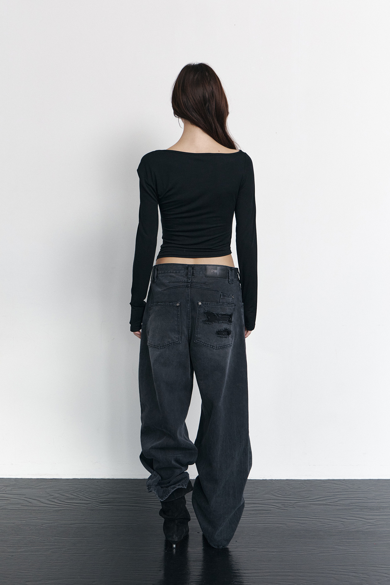 pleaseNOFOLLOW - Sadie Unbal Shirring Long Sleeve Top (Black)