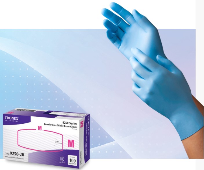 Tronex #9250 Nitrile Powder-Free, Examination Gloves (Blue, 100's/box)