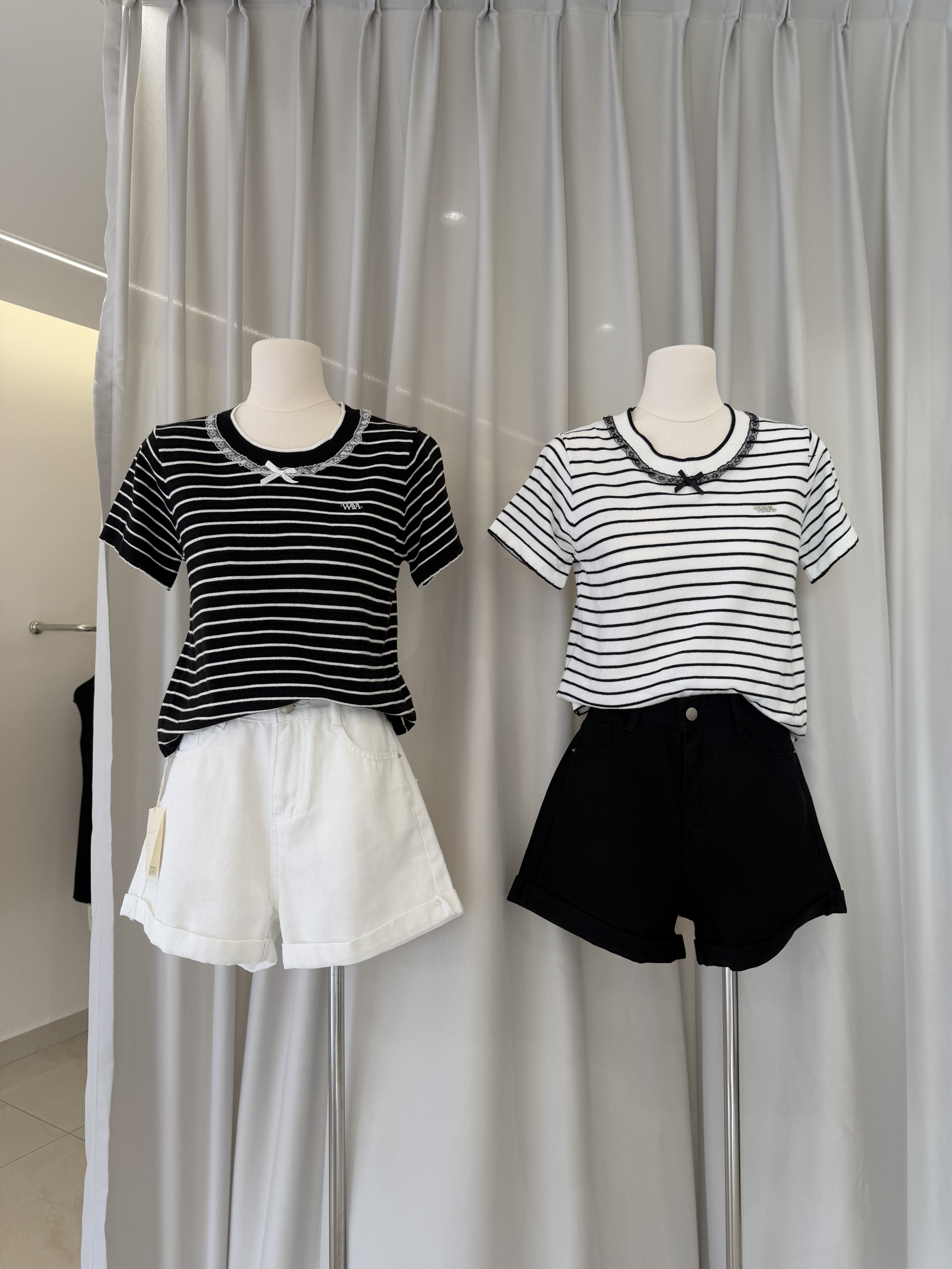 6523 纯欲蕾丝蝴蝶结条纹短袖