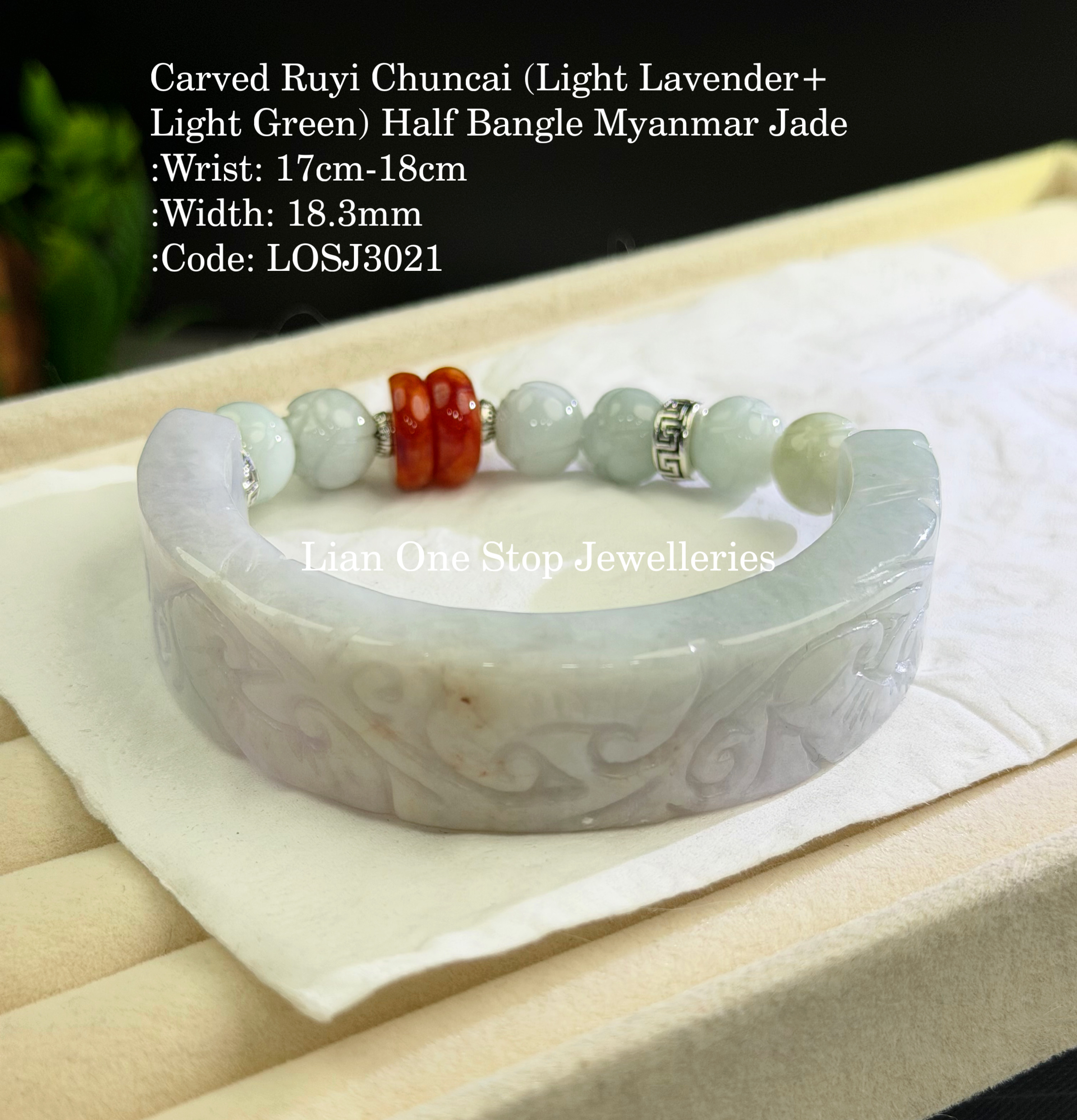 Code: LOSJ3021 Carved Ruyi Chuncai (Light Lavender+ Light Green) Half Bangle Myanmar Jade  