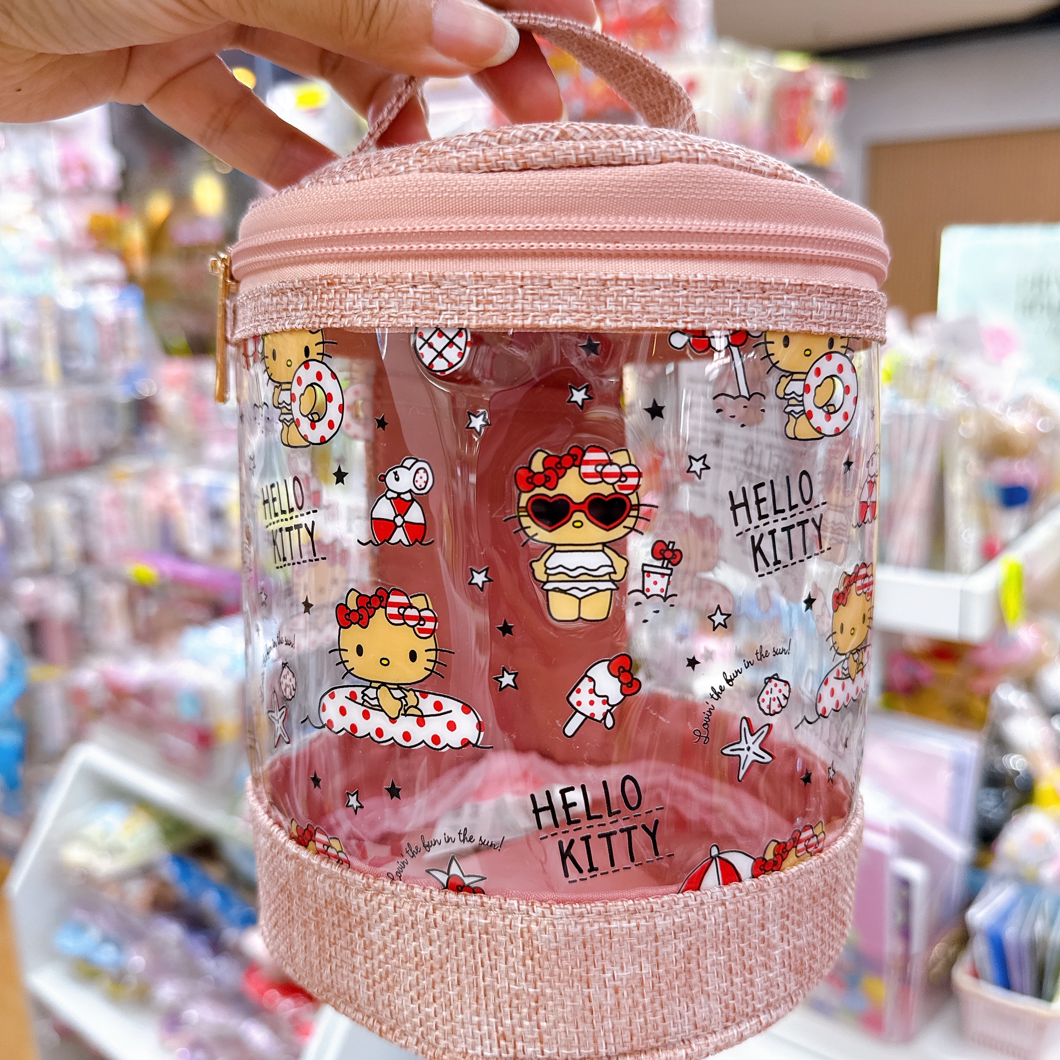 日本直送Hello Kitty黑皮透明手提化妝袋
