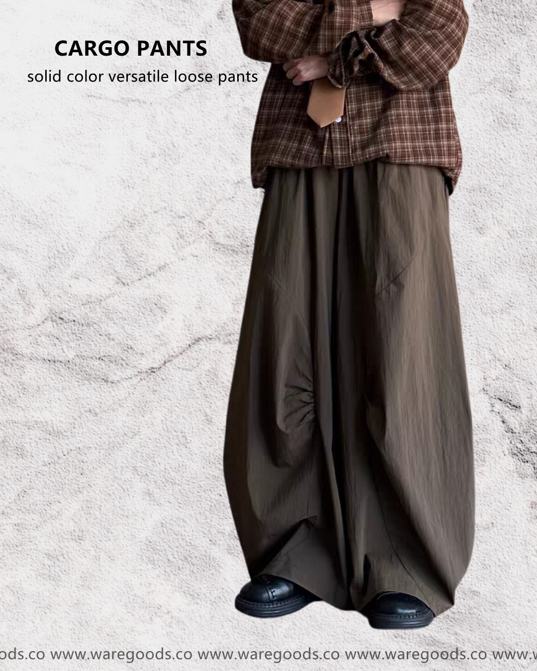 W6011鬆身闊腳純色工裝褲