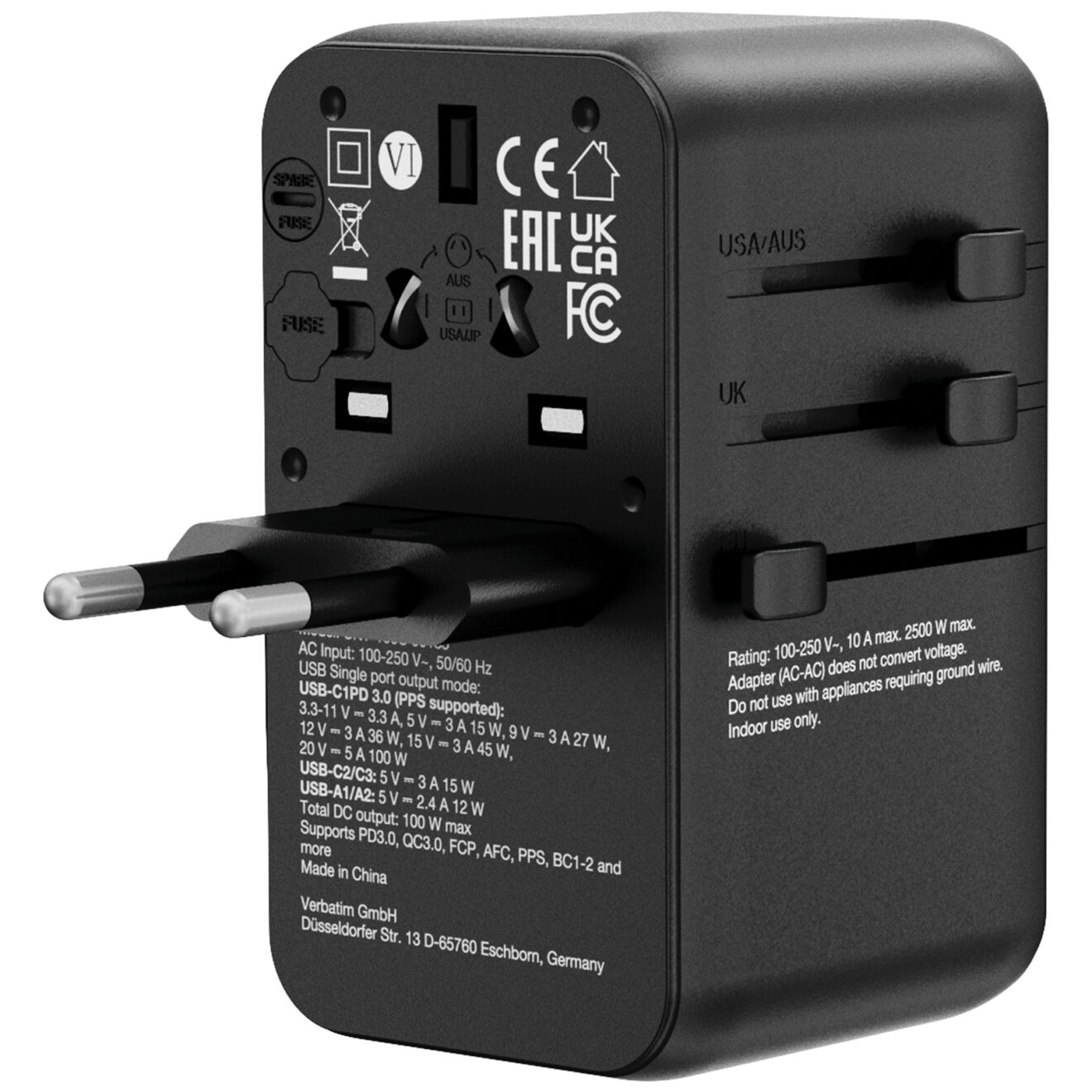 Verbatim(威寶) Charge 'n' Travel 100W 通用旅行轉插 (附USB-C可伸縮充電線) 30185
