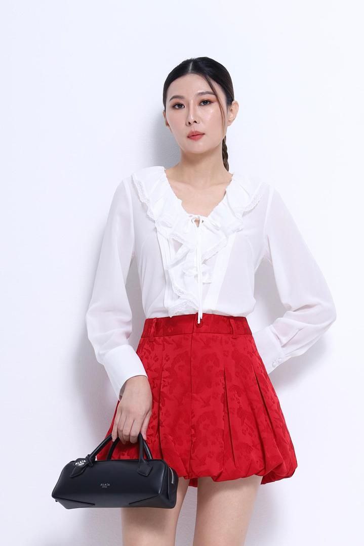 荷叶边领口雪纺上衣 2676