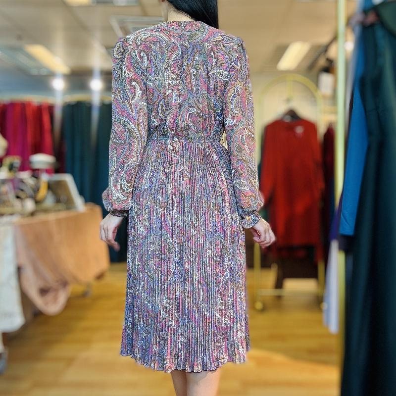 Vintage Purple Paisley Pattern Accordion Pleated Dress with Ruffle Trim (PP001-31)