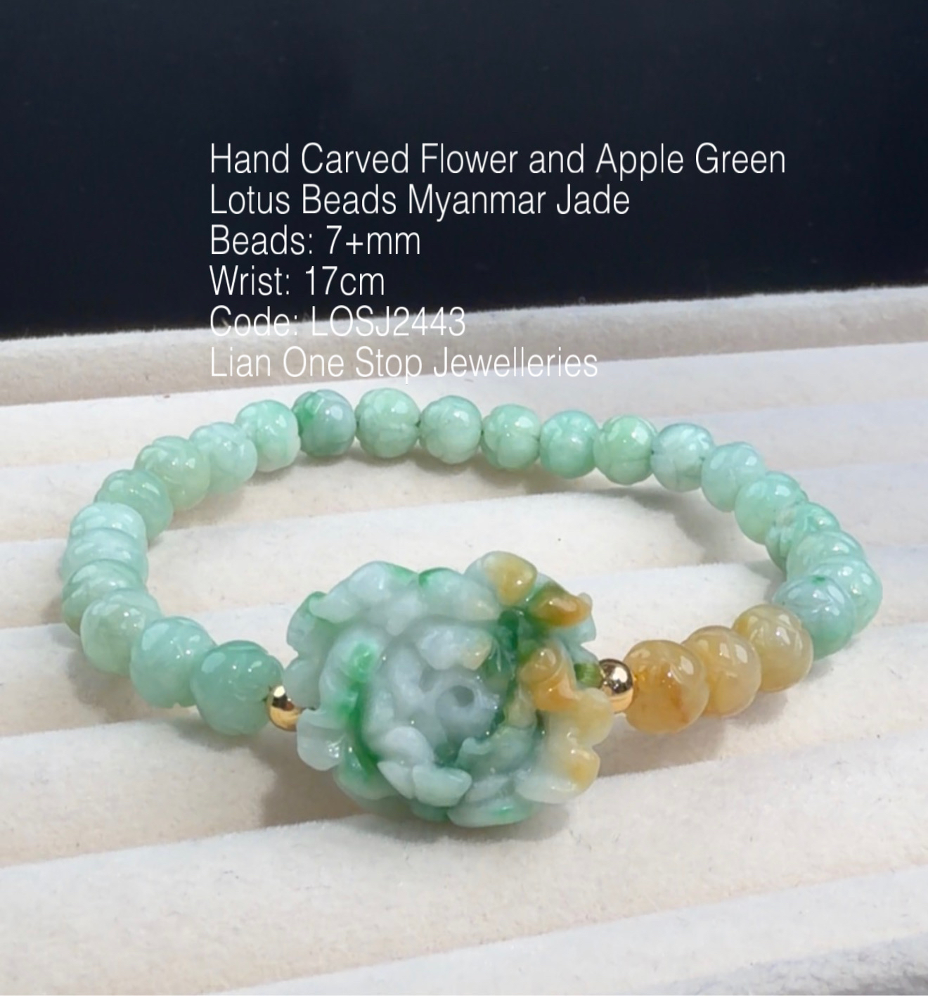 Code: LOSJ2443 Hand Carved Flower and Apple Green Lotus Beads Myanmar Jade 7+mm