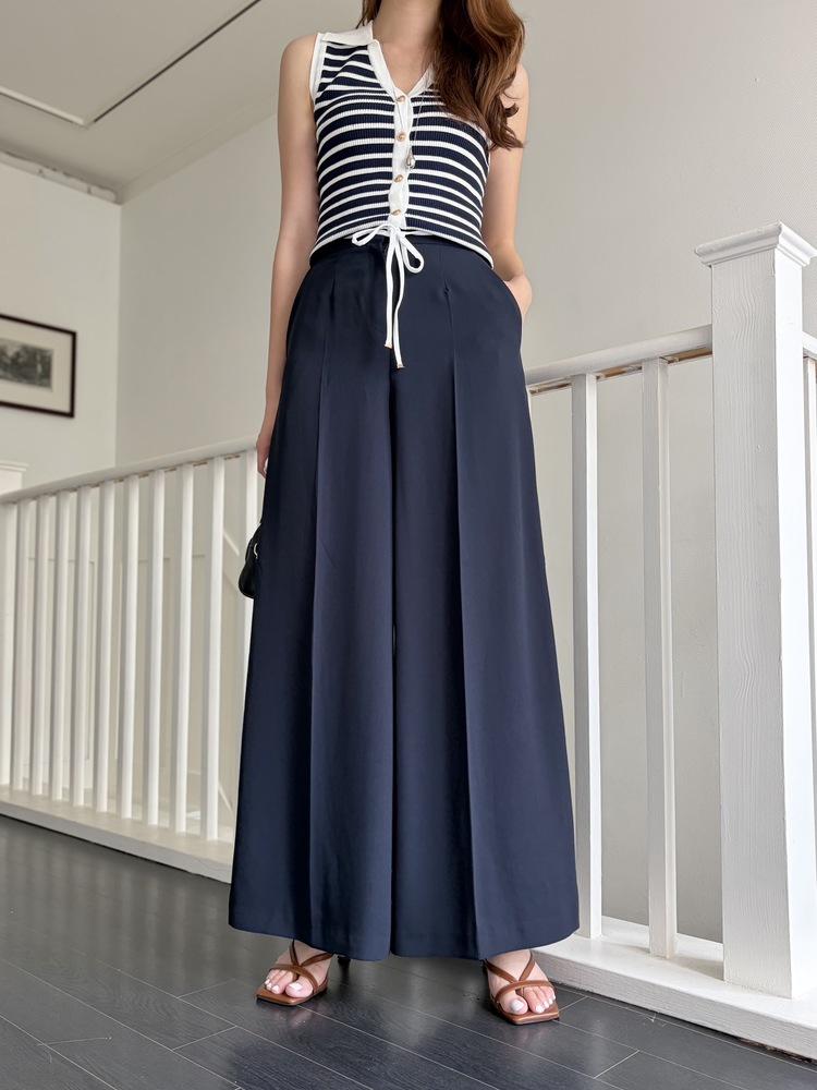 [超涼!!] Contrast Belt Wide Leg Slacks (Navy)