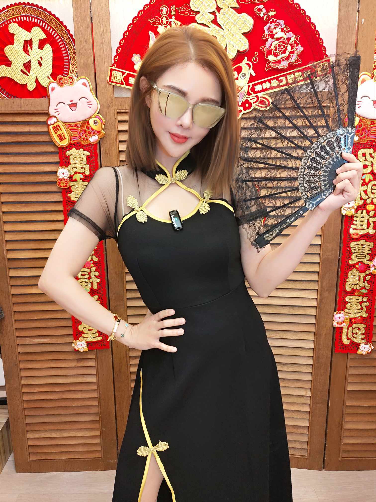 TW#5323 开叉网纱旗袍长款连衣裙