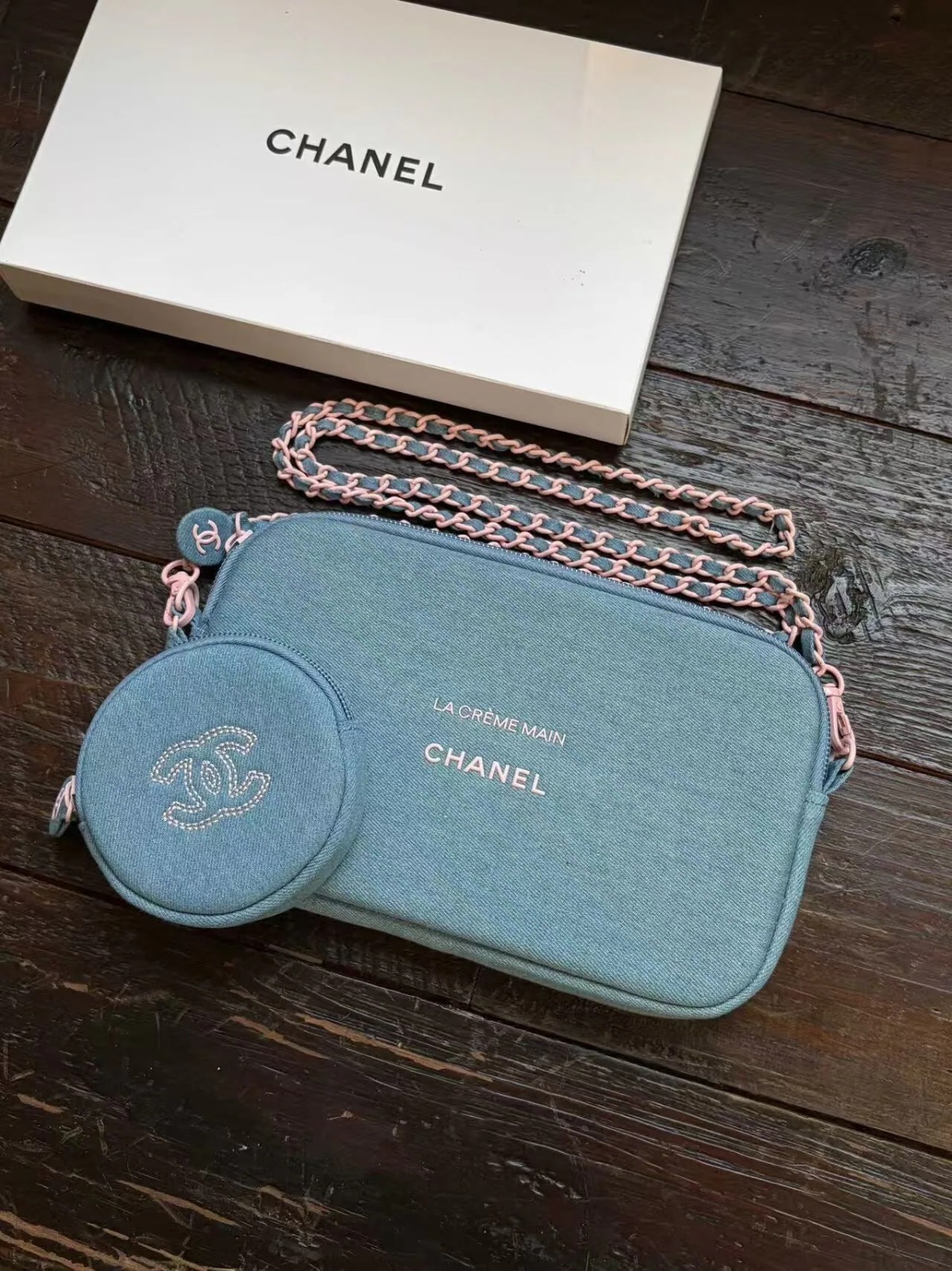 💯Gift Chanel Denim Makeup 限量贈品丹寧牛仔鏈袋 加小圓包 連專櫃紙袋