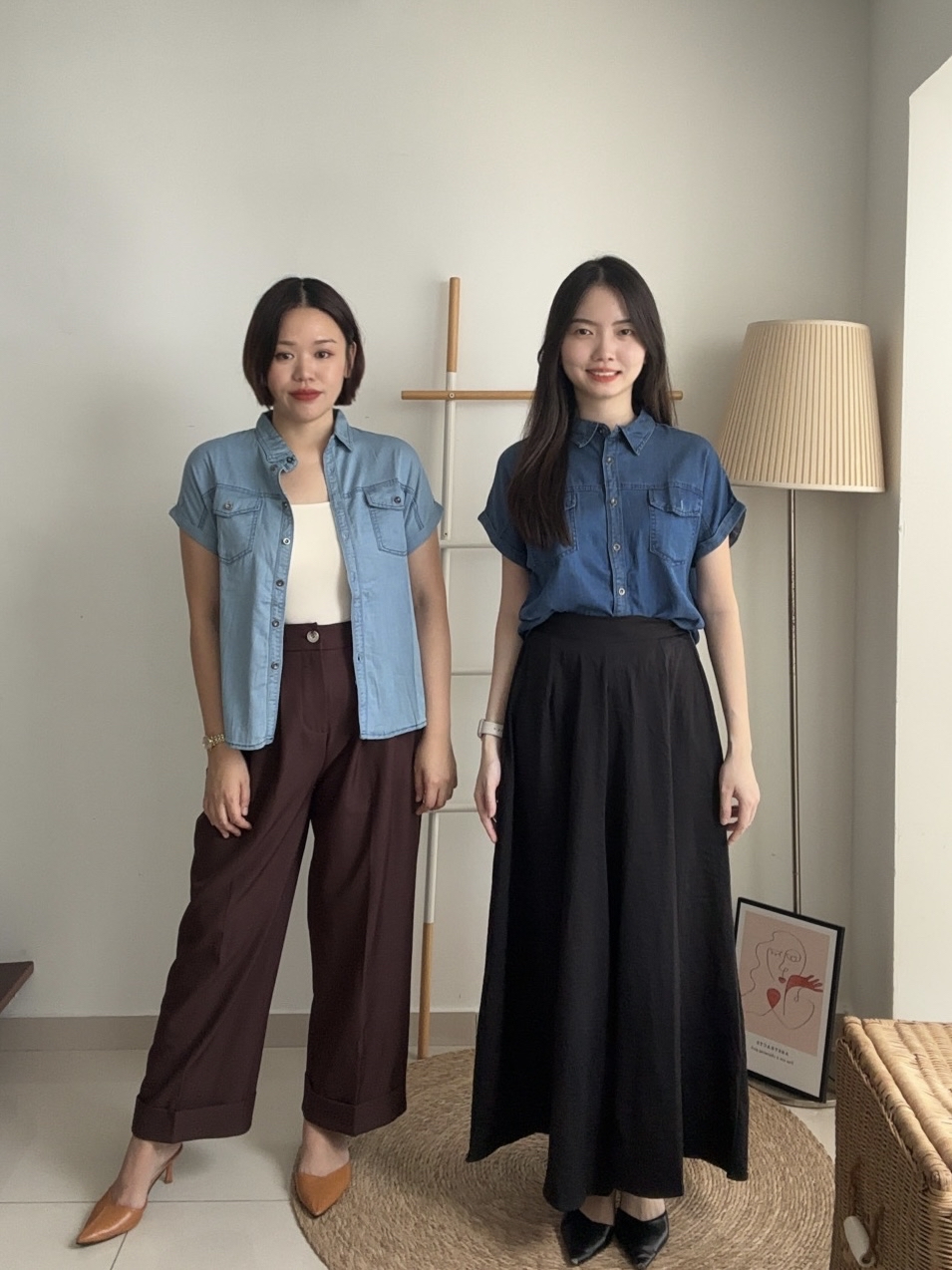 T4103 Cape Sleeve Denim Shirt - Dark Blue & Light Blue